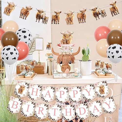 Miniatura 2 de Decoraciones de cumpleaños de vaca de las montañas para niña, suministros de fiesta floral retro bohemia, pancarta de feliz cumpleaños, guirnalda