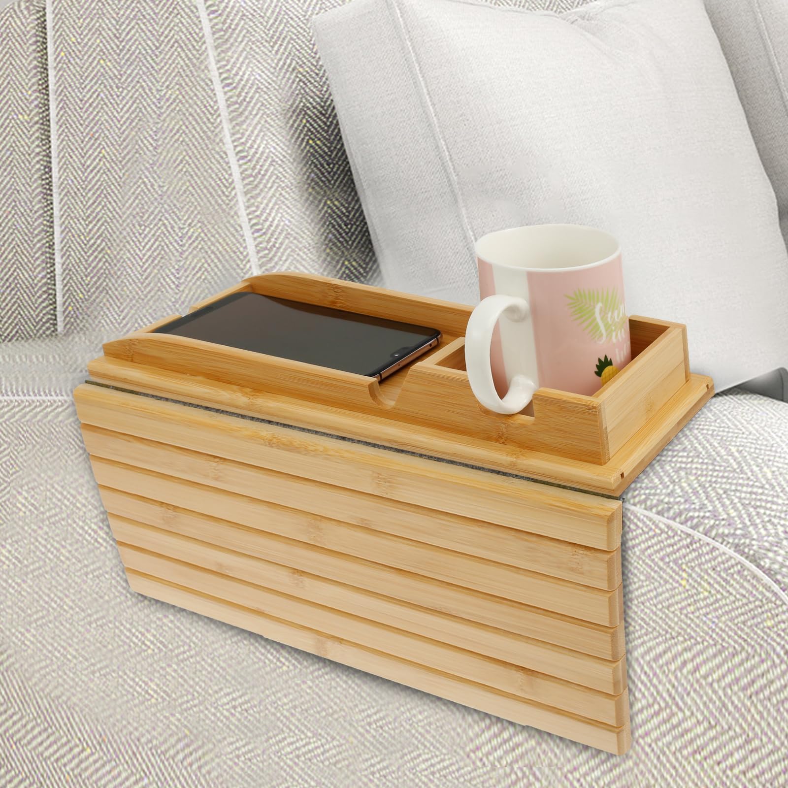 Soporte de bambú 2 en 1 para reposabrazos de sofá, bandeja extraíble, plegable, antideslizante, ideal para bebidas, tazas, teléfonos, aperitivos, elegante accesorio de sala de estar