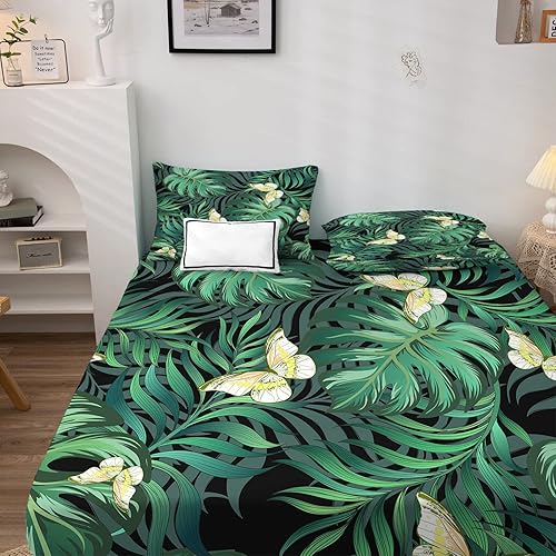 Sábanas tropicales para cama tamaño King  Sábanas de cama con hojas de palmera de mariposa Monstera, microfibra suave, bolsillo profundo, sábanas y