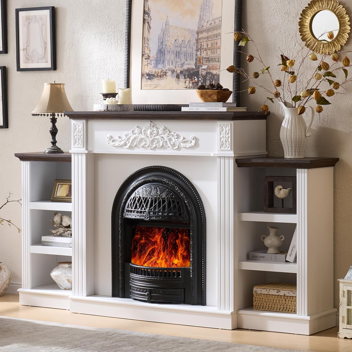 78" Electric Fireplace with Mantel, Electric Fireplace Heater Entertainment Center with Storage,TV Stand with 30'' Fireplace for TVs Up to 90 Inch,Fireplace Insert Heater for Living Room, Bedroom