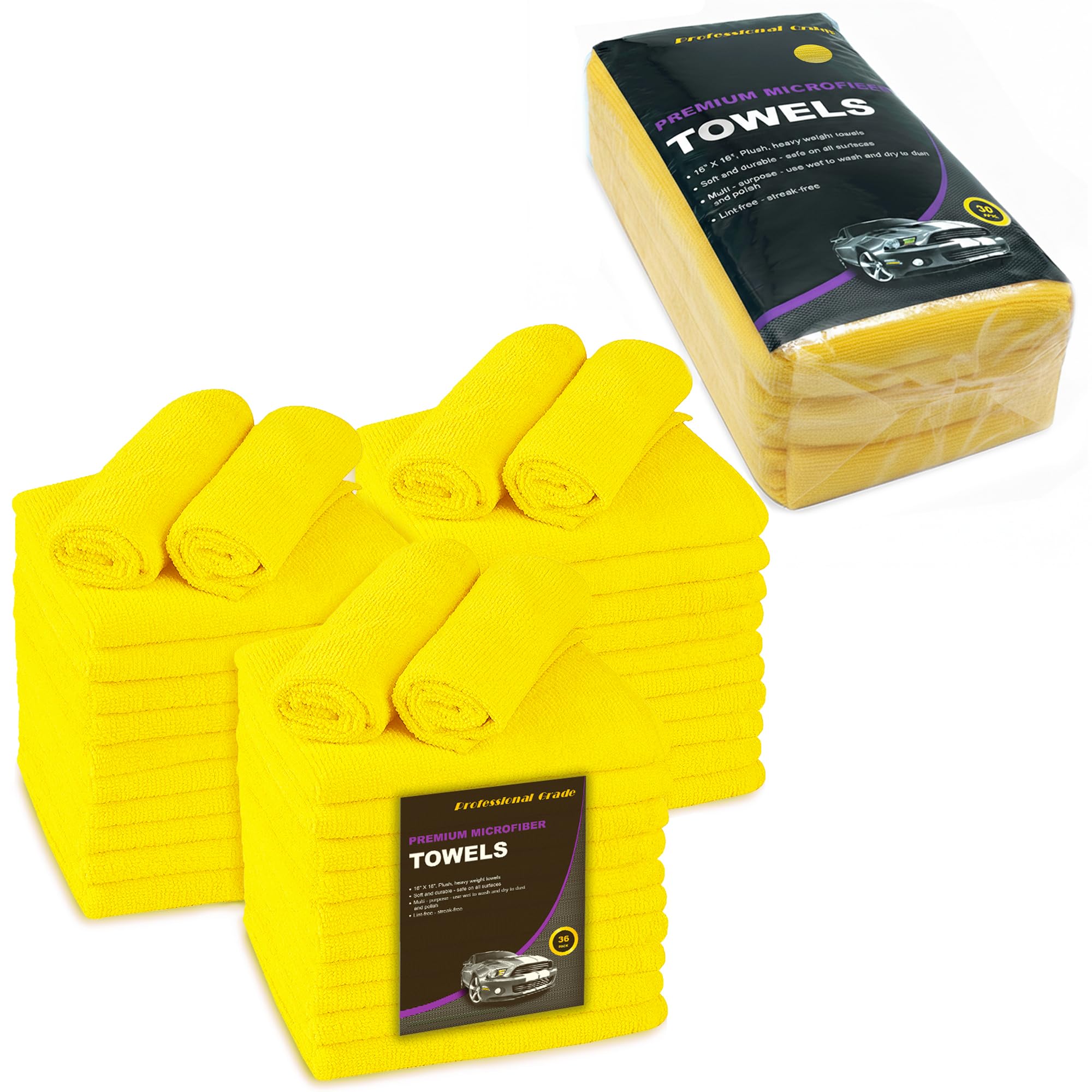 Blue Horizon Yellow Microfiber Cleaning Towels, 36-Pack, Ultra Soft Plush Washcloth, Professional Grade Premium Microfiber Detailing Cleaning Cloths, Car, Household and Commercial (Yellow, 16" x 16")