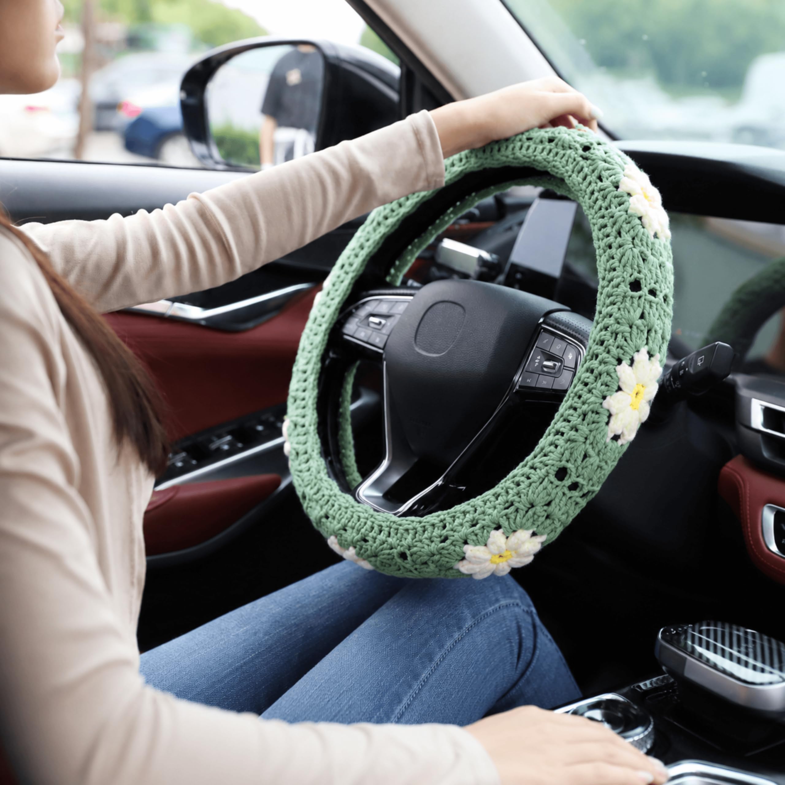 Szydełkowy zestaw pokrowców na kierownicę, uroczy pokrowiec na kierownicę samochodu boho 35-38 cm, ręcznie robiony, stokrotka, babcia, kwadratowy wzór, prezent, damskie akcesoria