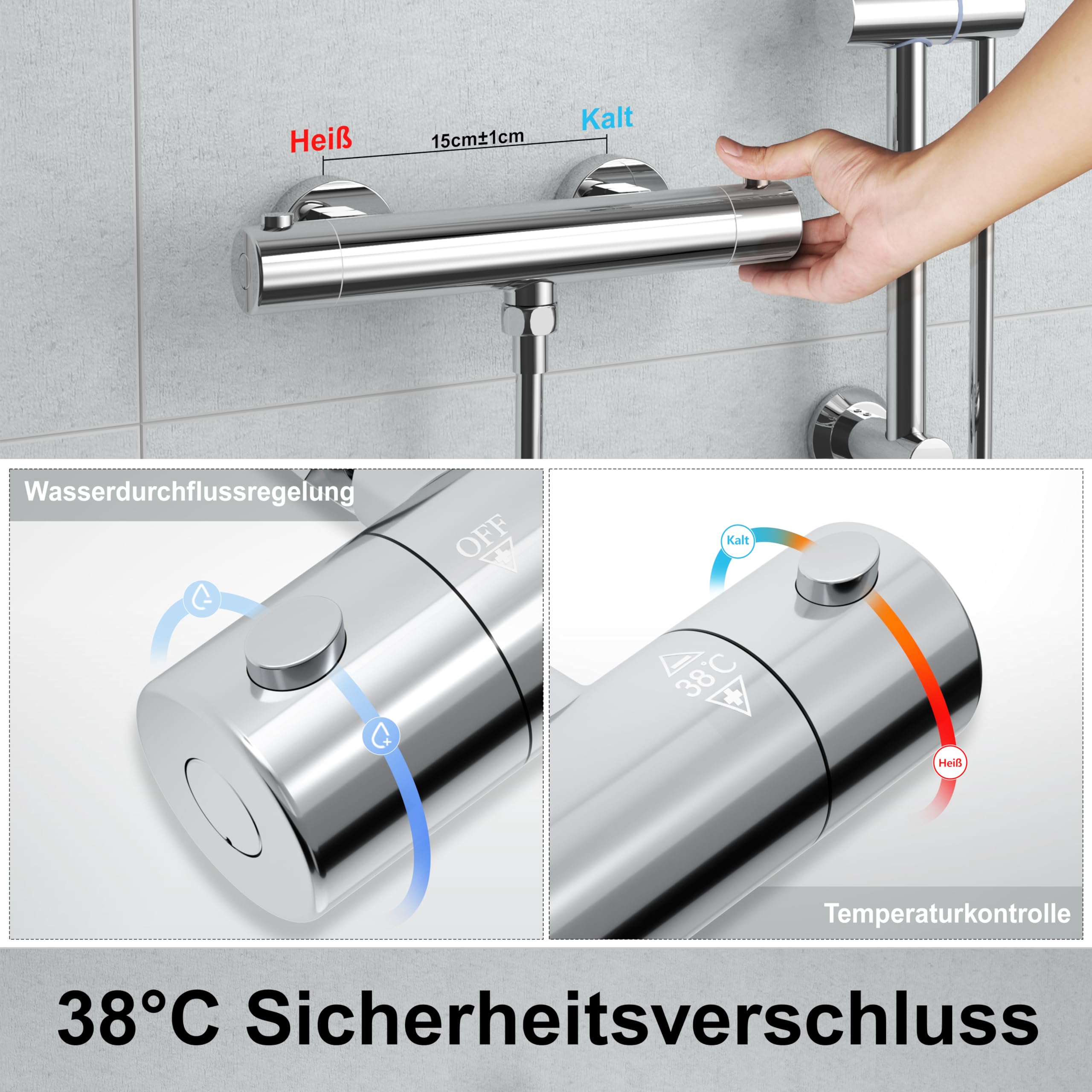 Görbach Colonna Doccia con Miscelatore Termostatico, Set Asta Doccia in Acciaio inox con Doccetta e Tubo, Saliscendi Doccia 70 cm con Mensola, Cromo