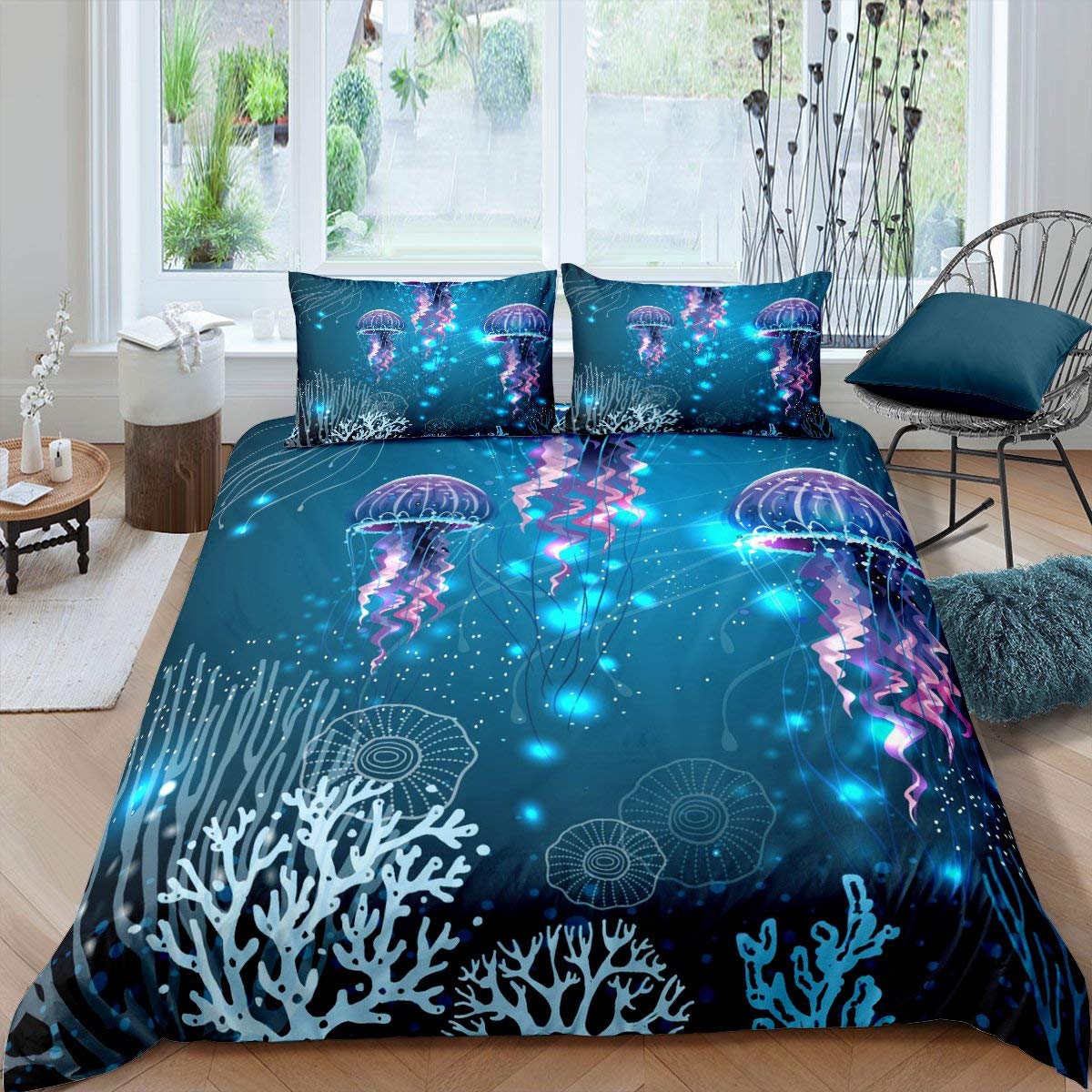Set Biancheria Da Letto Per Bambini Con Meduse – Copripiumino E Federe Mare Subacqueo, Microfibra Morbida (Matrimoniale 200x200)