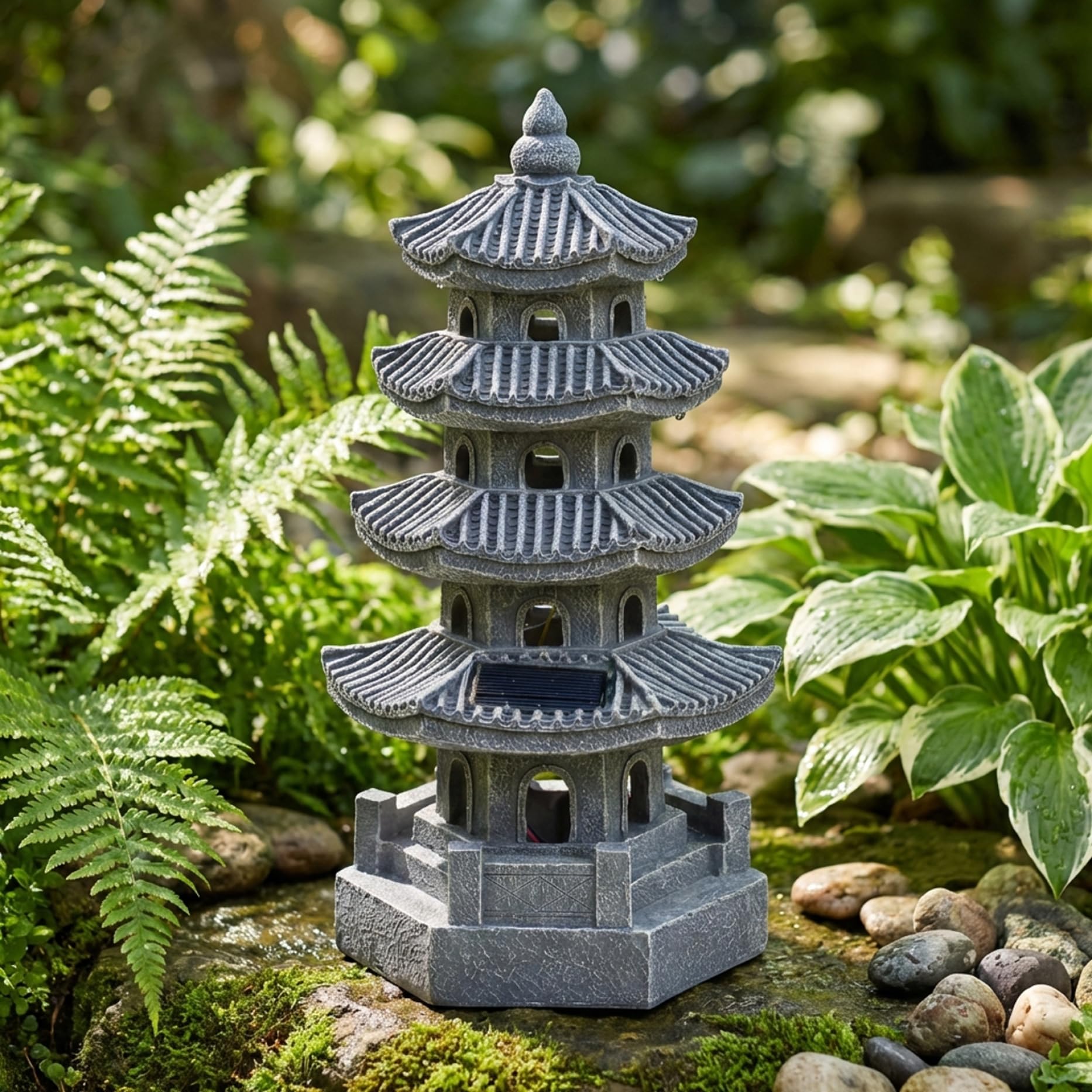 Décoration de jardin japonais, statue de jardin pagode, lanterne pagode à énergie solaire en résine, décoration japonaise zen d'extérieur pour balcon, patio, porche, cour 11, 4 x 4, 7 x , 7 pouces