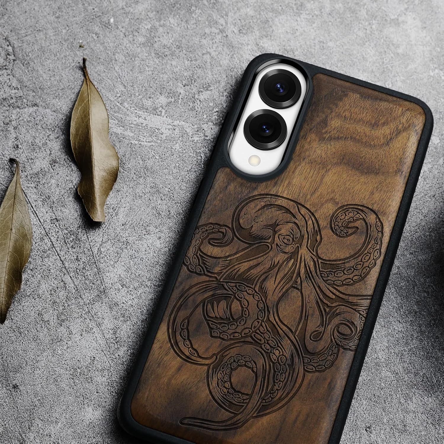 Carveit Magnetic Wooden Case for Samsung Galaxy S25 Edge Case 2025, TPU Shockproof Cover & Wood Artisan Engraved, Compatible with MagSafe Wireless Chargers (Octopus Drawing) Walnut