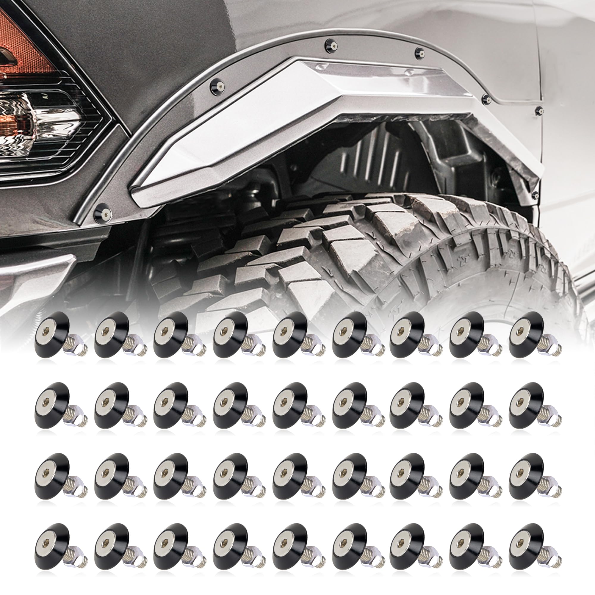 Rolling Gears Aluminum 36-Pieces Anode Washer Kit for Fender Flares (Cone, Black)