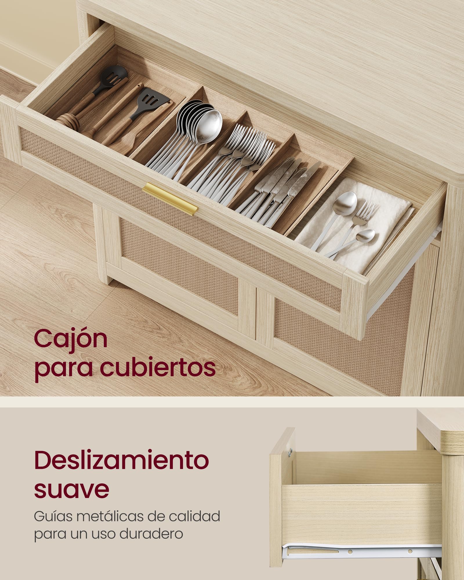 VASAGLE ELLAN Colección - Aparador de Estilo Boho con Puertas Efecto Ratán, Mueble de Cocina, Esquinas Redondeadas, Estante Ajustable, Cajón, Comedor, Beige Natural BBK601LC01