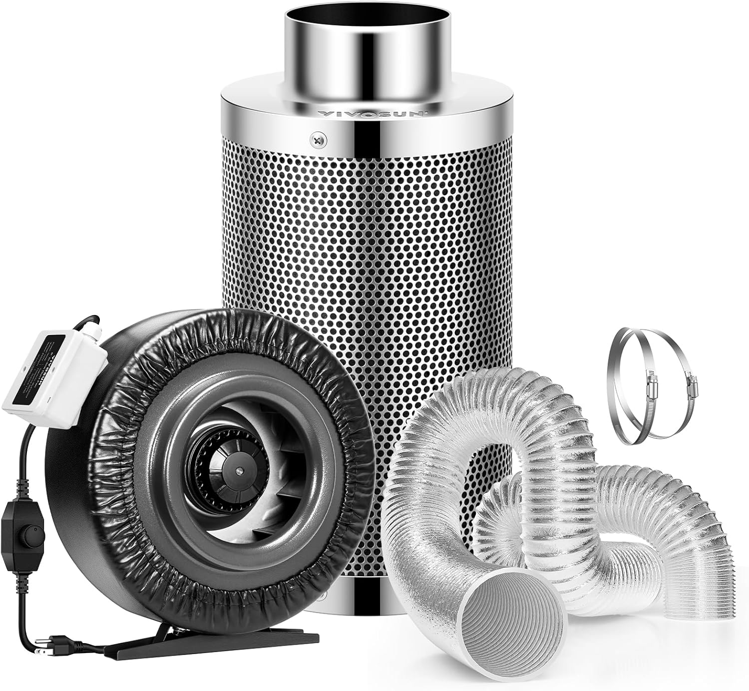 VIVOSUN 8 Inch 740 CFM Inline Fan with Speed Controller, 8 Inch Carbon Filter and 25 Feet of Ducting, Air Filtration Combo for Grow Tent Ventilation