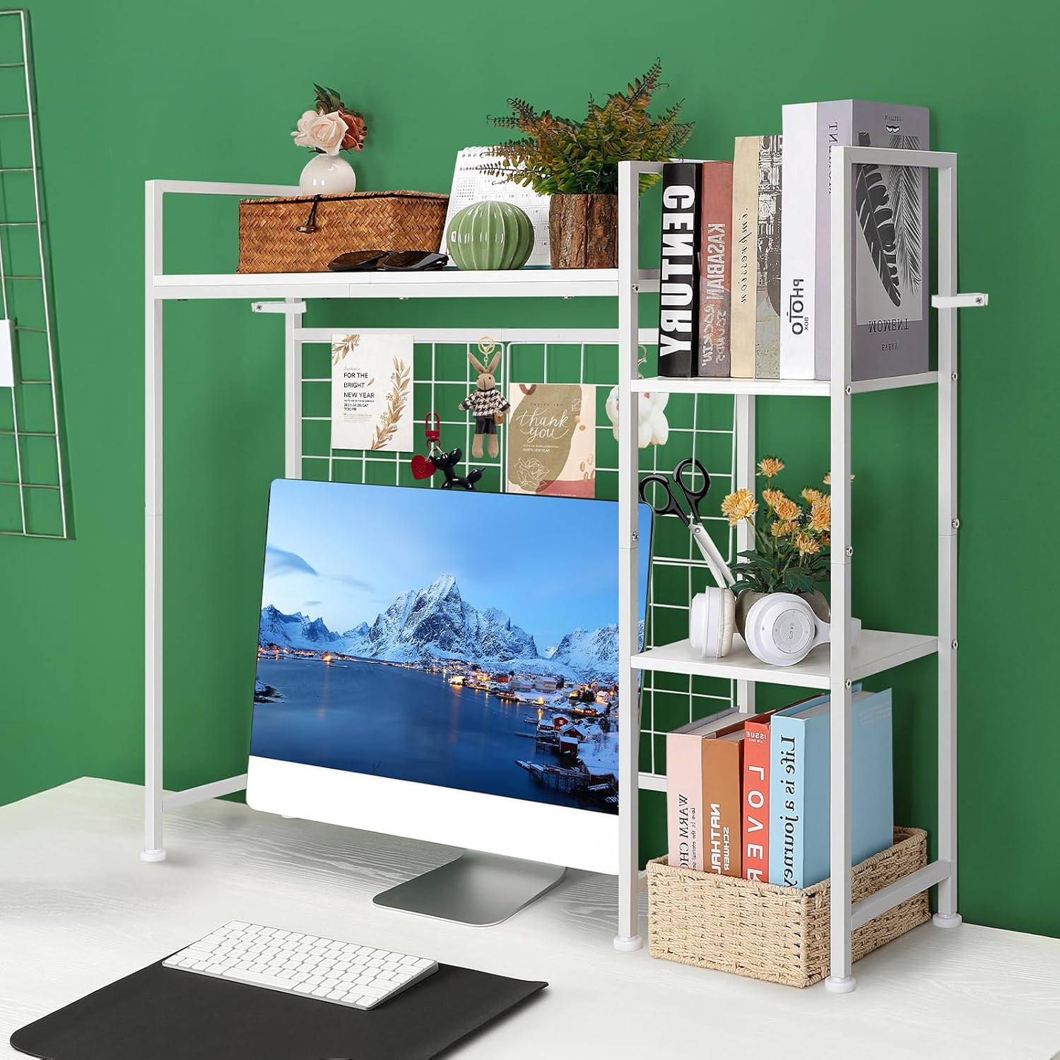 YBING Desk Shelf, 37.4" Desktop Organizer Shelf, Desk Hutch for Computer Monitor, Display Bookcase Rack with Grid Panel, Wood Desktop Bookshelf for Home Office Dorm, White