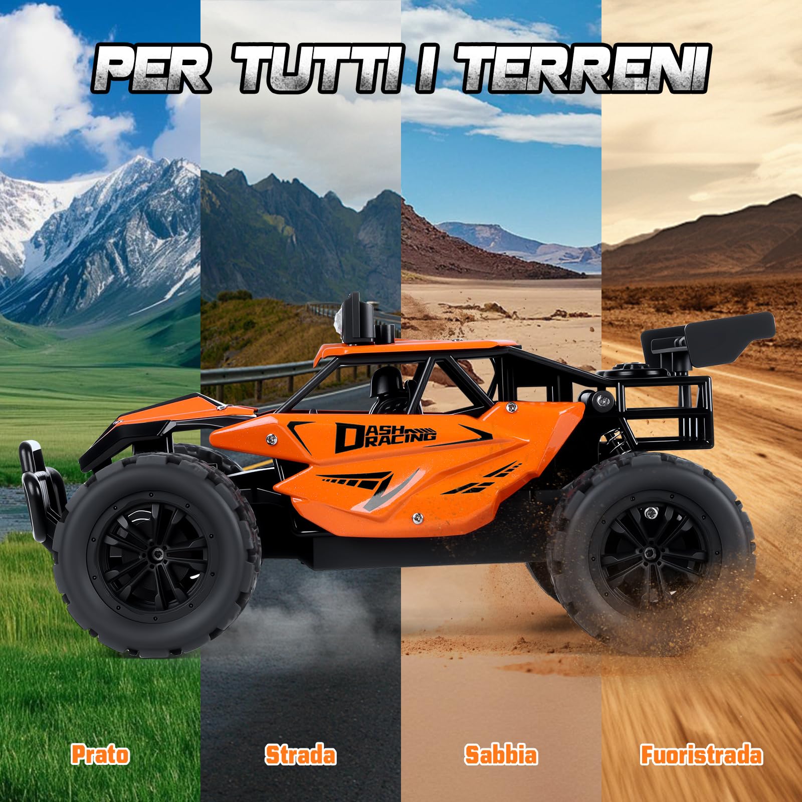 Joellfuner Macchina Telecomandata per Bambini, 2.4Ghz 1:16 Macchina Radiocomandata con Luce LED Quattro Colori, 20KM/H Monster Truck Telecomandato con marce alte e basse per bambini 3+ anni (Arancia)