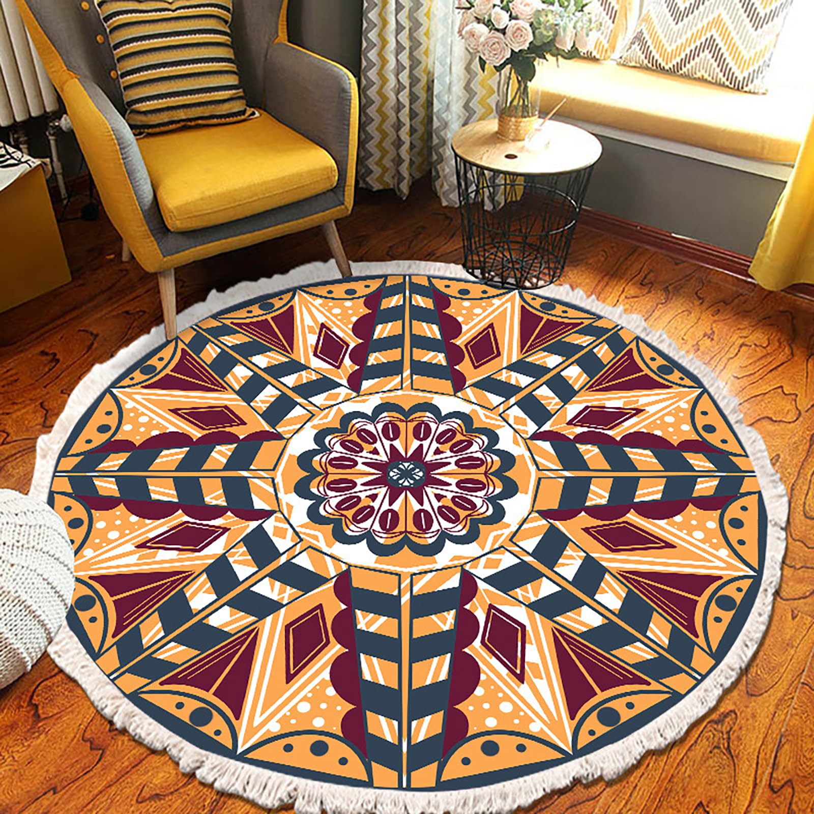 Tapis rond antidérapant et lavable orange de 120cm style bohème doux pour chambre