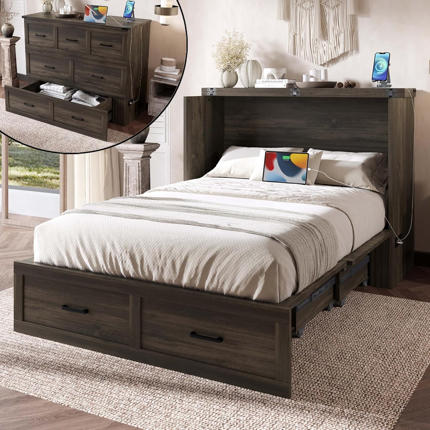 Ball & Cast Murphy Bed Queen Size Bed Frame with Charging Station,Foldable Platform Bed w/Large Storage Drawer,can be Folded,Slat Support,No Box Spring Needed,for Apartment,Gray