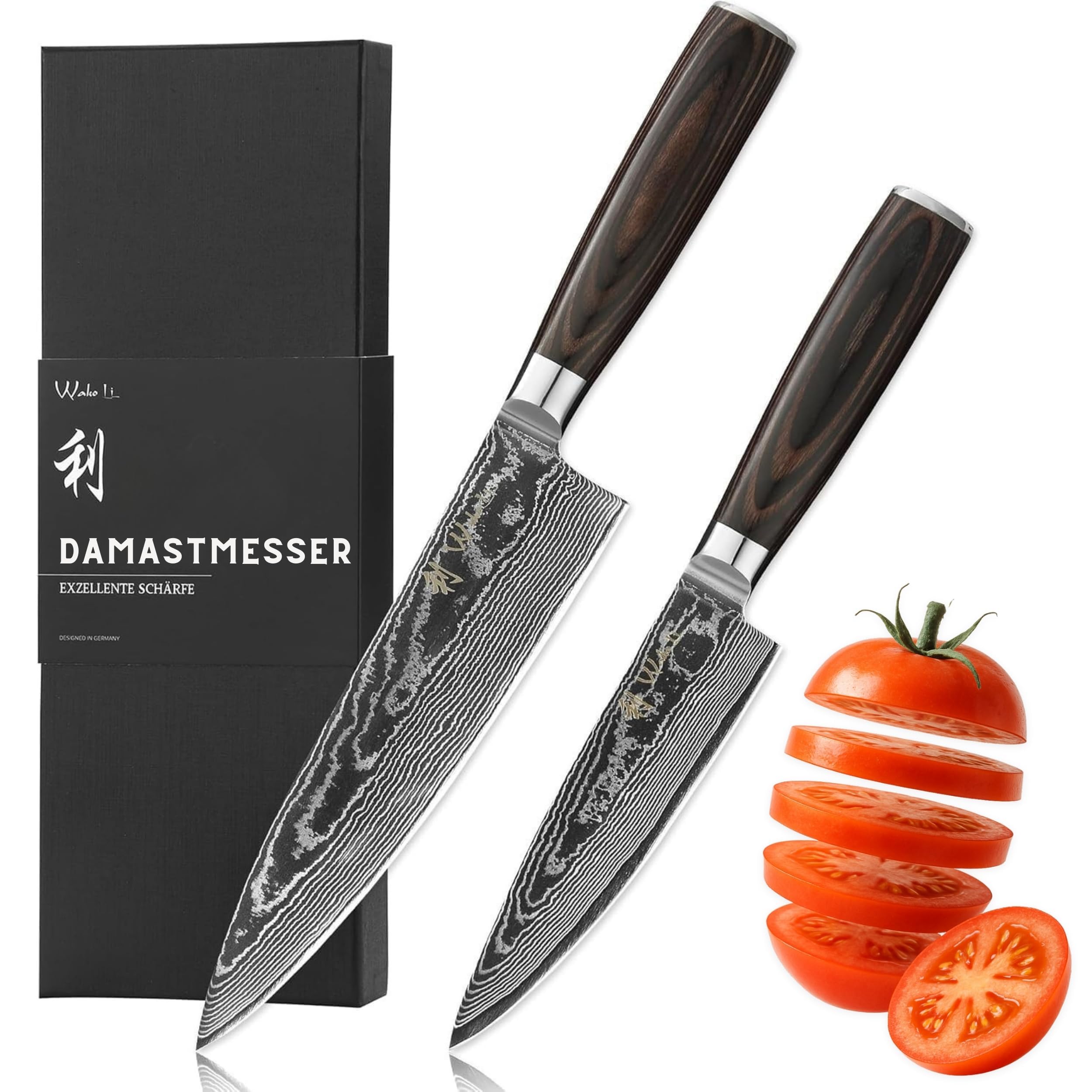Wakoli EDIB Essentials Santoku Messer Küchenmesser Set (2-teilig) 30 & 24 cm Damastmesser aus 67 Lagen Damaststahl mit Pakkaholzgriff Gemüsemesser inkl. Geschenkbox
