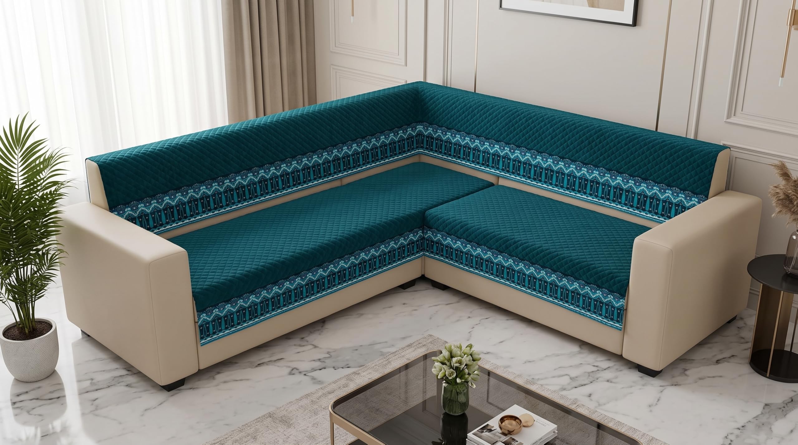 【P3975】変身／couch>>case GOLDENIZ Sofa Cover L Shape 7 Seater 4+3 Fully Covered 5 Piece Non