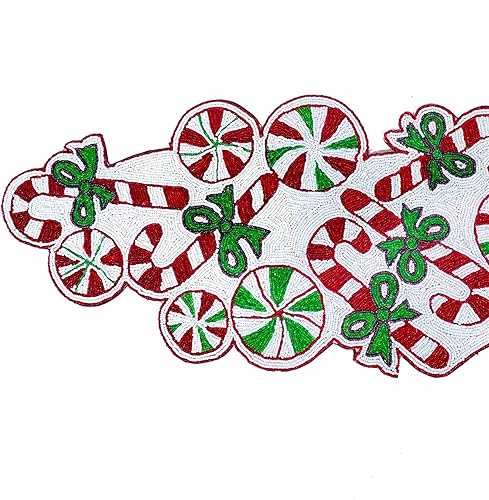 Miniatura 2 de Camino de mesa de Navidad con cuentas, bordado dulce trenzado en rojo, blanco y verde, decoración de mesa de comedor X'Mas, 36 x 13 pulgadas