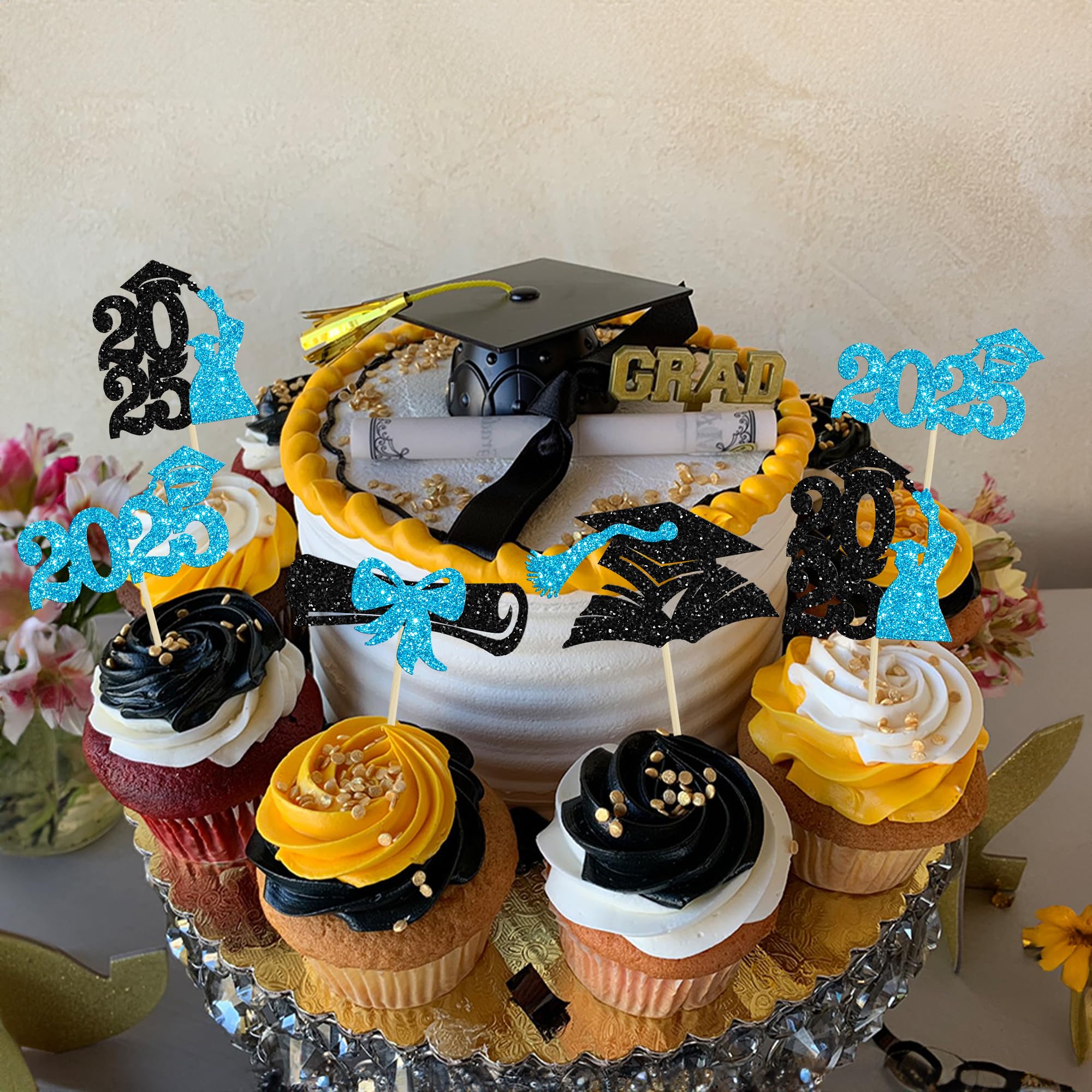 Gyufise 36Pcs 2026 Graduation Cupcake Toppers Glitter Class of 2026 Congrats Grad Diploma Graduation Cap Cupcake Picks for 2026 Graduation Theme Party Cake Decorations Supplies Lake Blue - Image 4