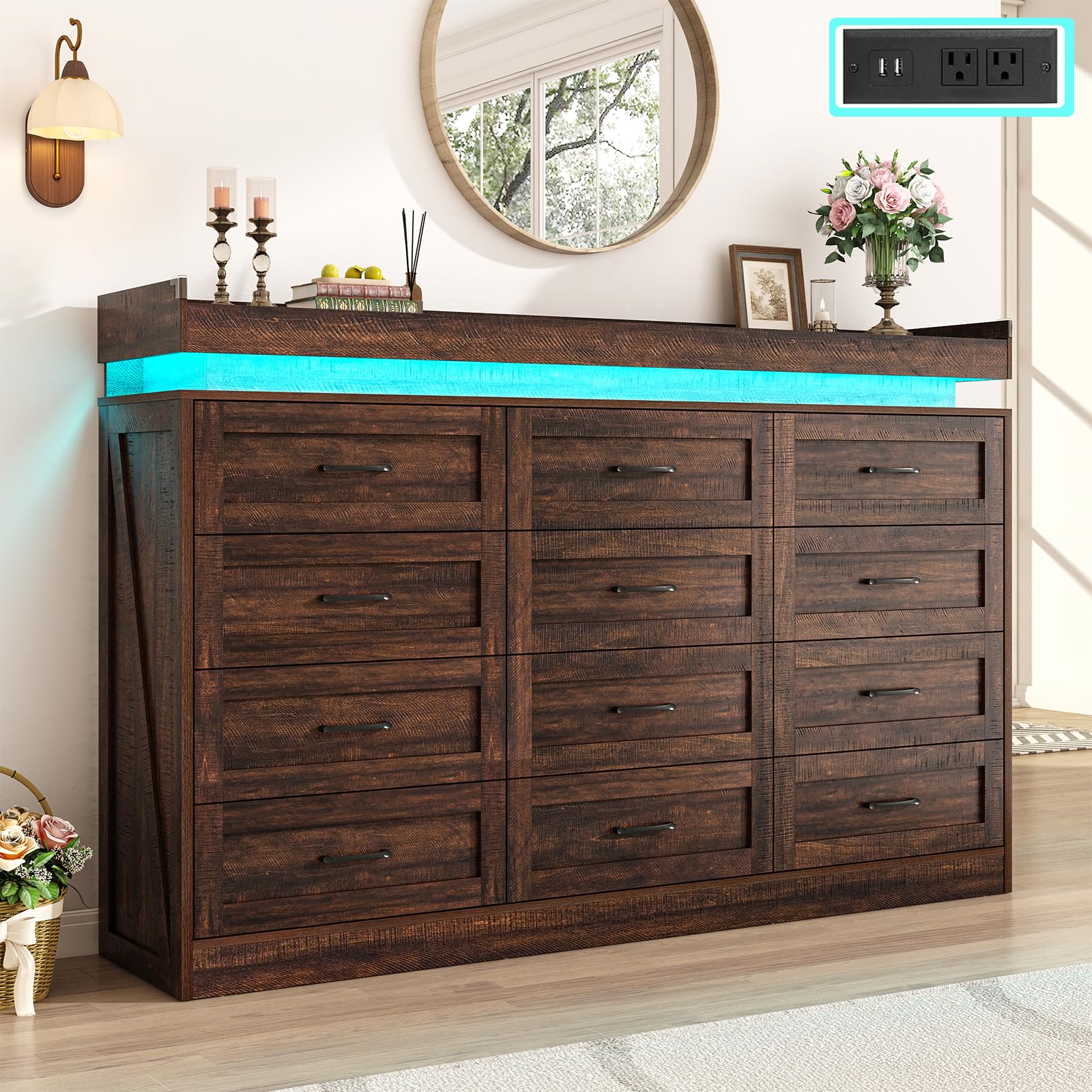 71" Wide 46" Tall Large Farmhouse 12 Drawers Dresser for Bedroom with LED Light and Power Outlets,Wood Rustic 12 Chests of Drawers for Closet,Tall