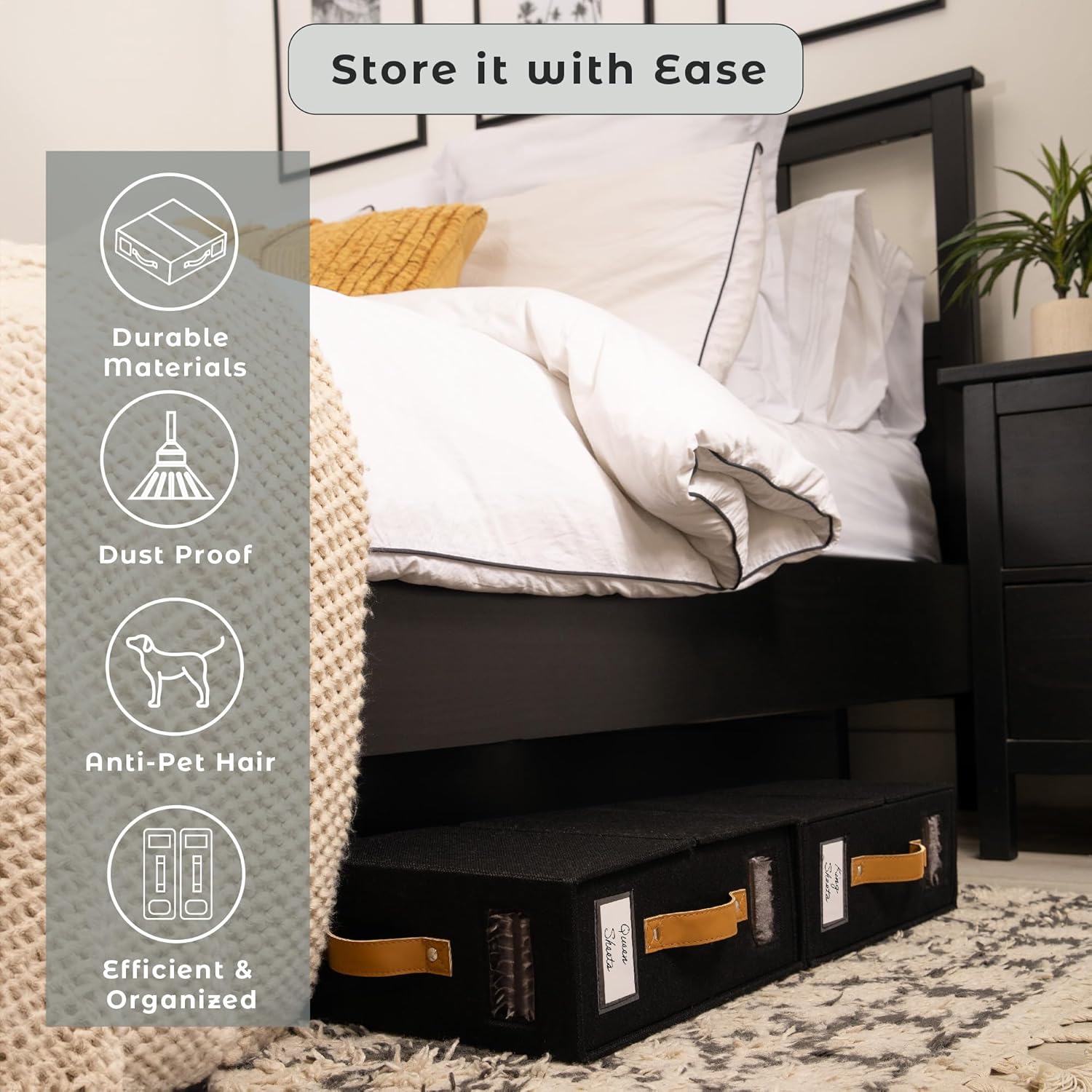 Sheet Organizers and Storage Bags for Bed Sheets, Linen, Blankets, Bedding - Under Bed or Closet Storage Boxes with Dual Handles and Organization Labels - (Black, 2-pack)