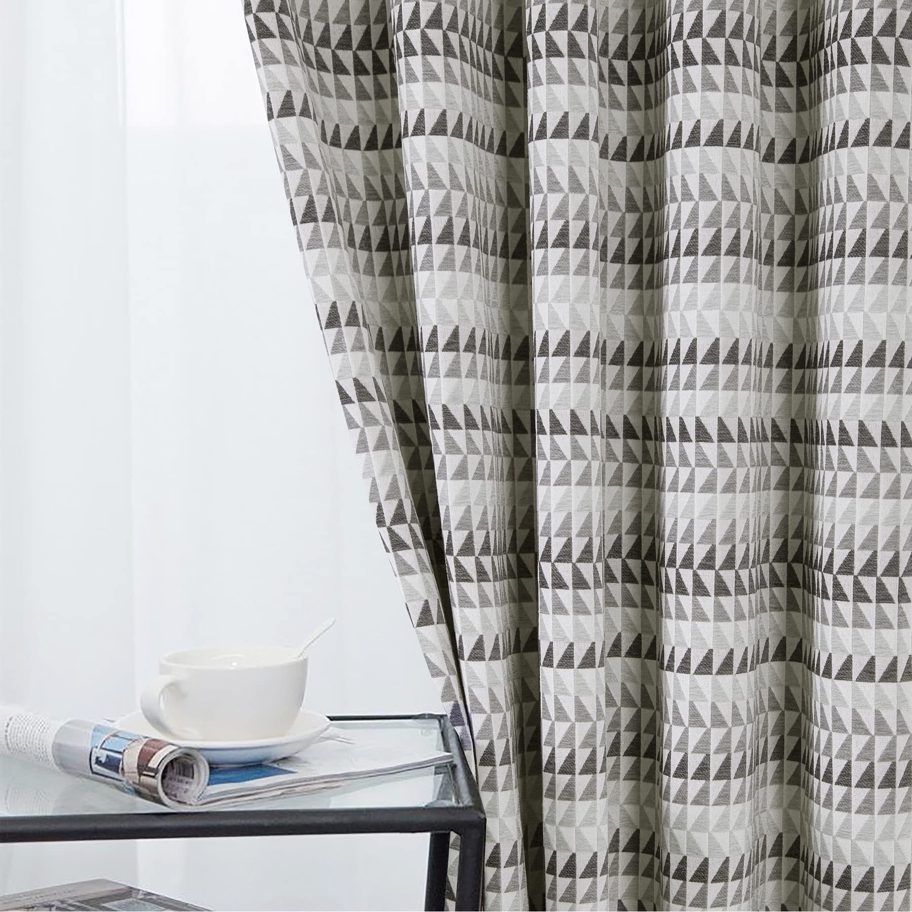 always4u Lot de 2 rideaux 100 % occultants à œillets pour salon, chambre à coucher, motif jacquard géométrique, isolation thermique, économie d'énergie, gris, 117 x 137 cm