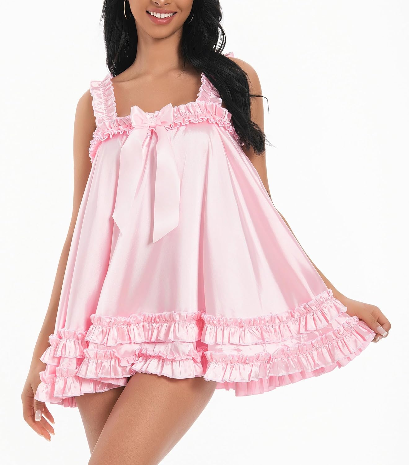 Satini Lingerie Satin Sissy Ruffle Hem Frilly Babydoll Dress Negligee Feminine Cosplay - Image 6