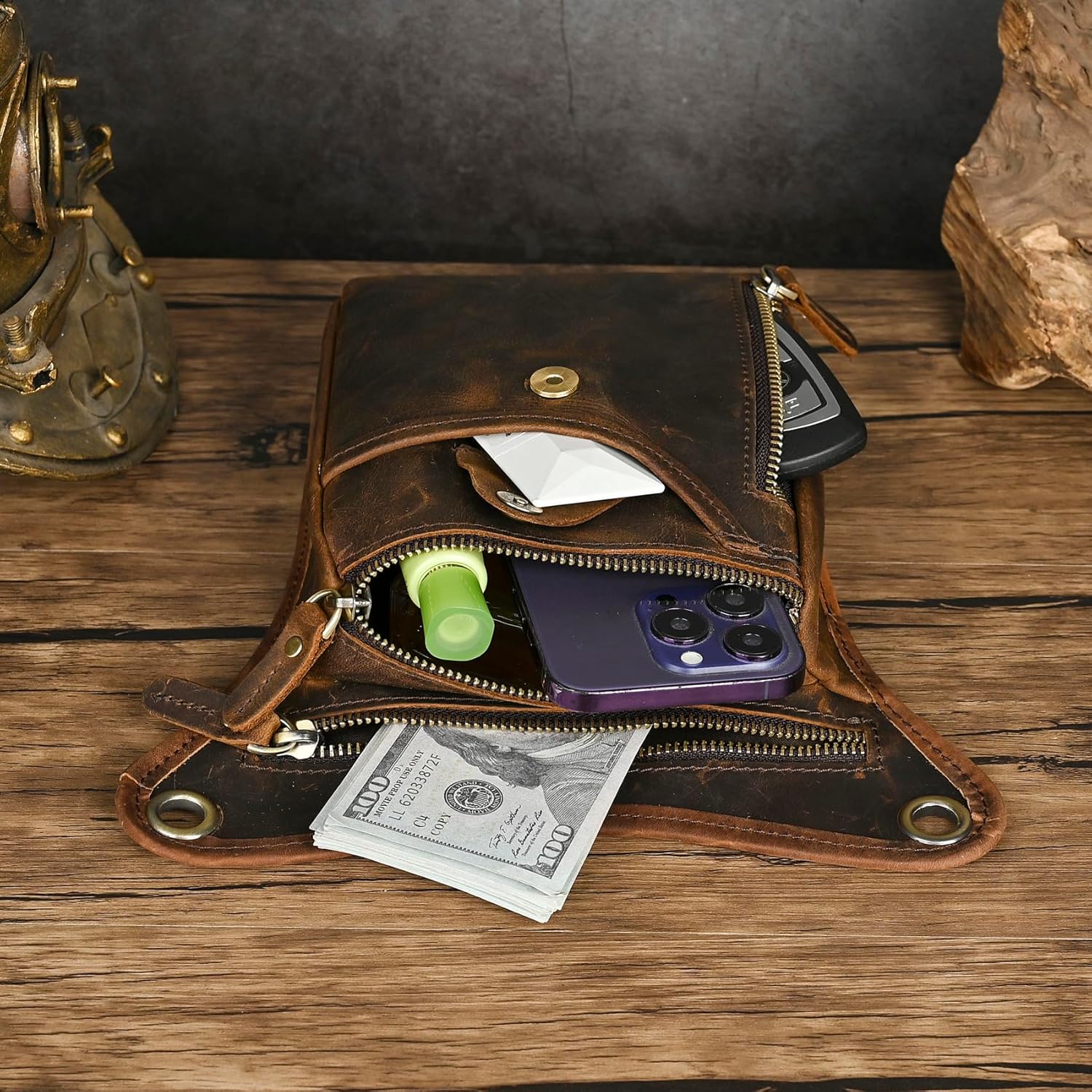 Water Resistant Canvas + Leather Motorcycle Fanny Waist Pack One Shoulder Drop Leg Thigh Bag For Men Women FB211-6 - Image 6