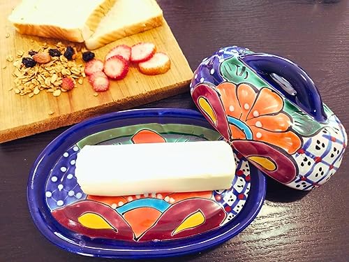 Miniatura 5 de Mantequillera Talavera de cerámica con tapa pintada a mano auténtica cerámica mexicana cocina diseño floral (azul)