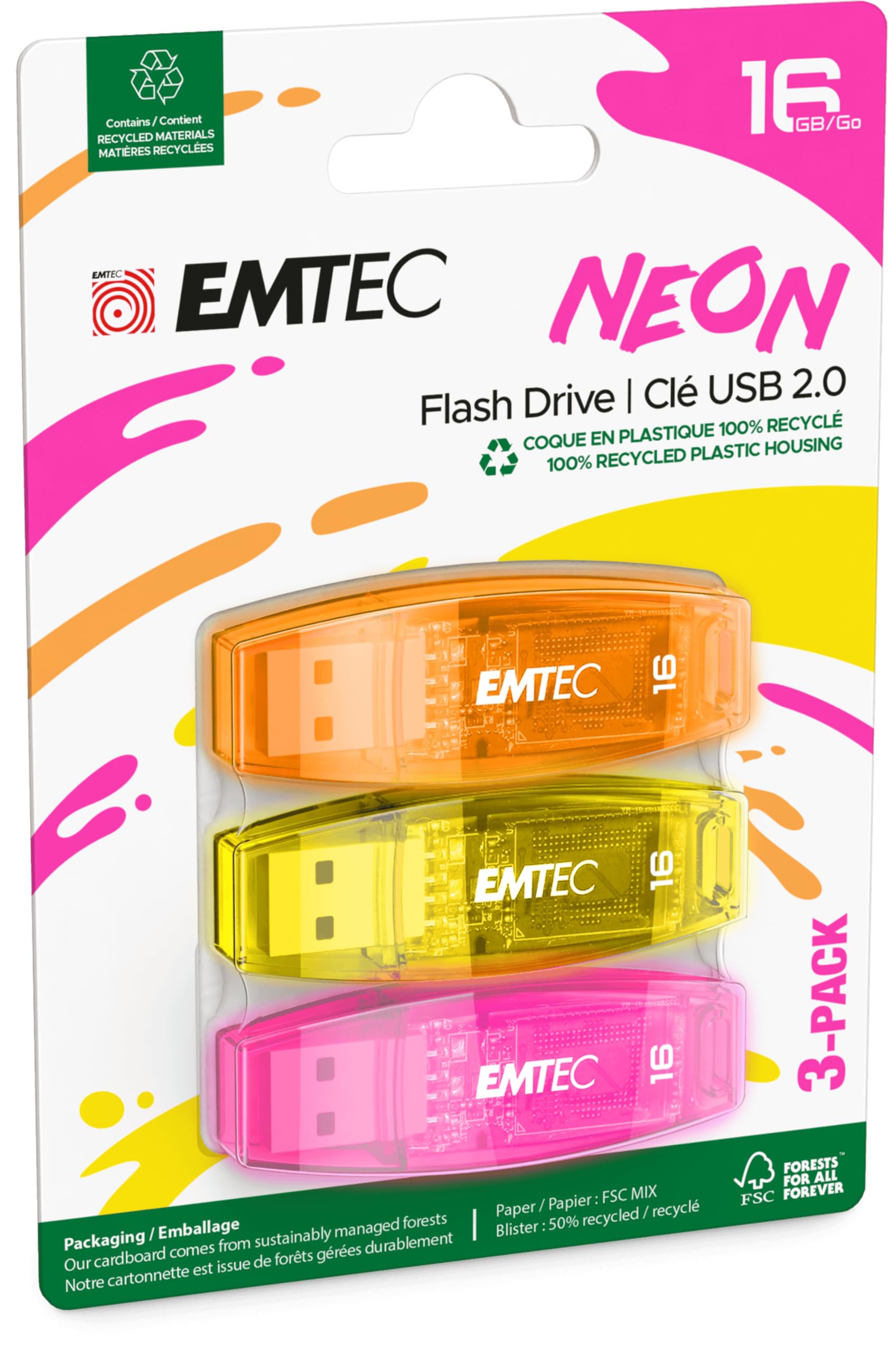 EMTEC Clé USB 2.0 C410 , Mémoire Flash Drive De 16Go, Lecture 5Mb/S, Écriture 15Mb/S, Compatible USB 2.0, USB 3.0, Transparentes Néon Fluo Avec Capuchon , Pack De 3