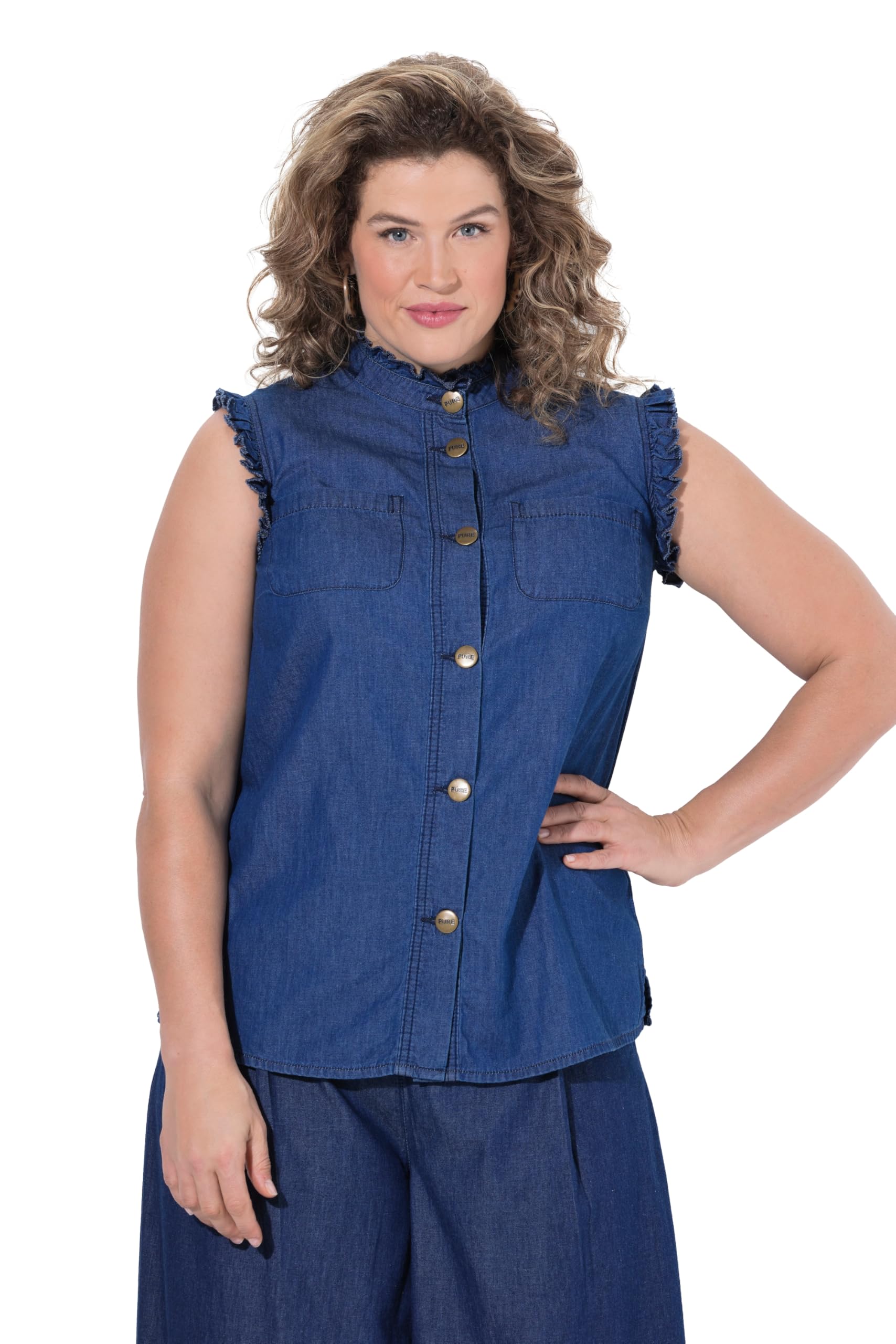 Ulla Popken Damen große Größen Übergrößen Plus Size Blusentop, Rüschen, Stehkragen, ärmellos, Biobaumwolle 848595