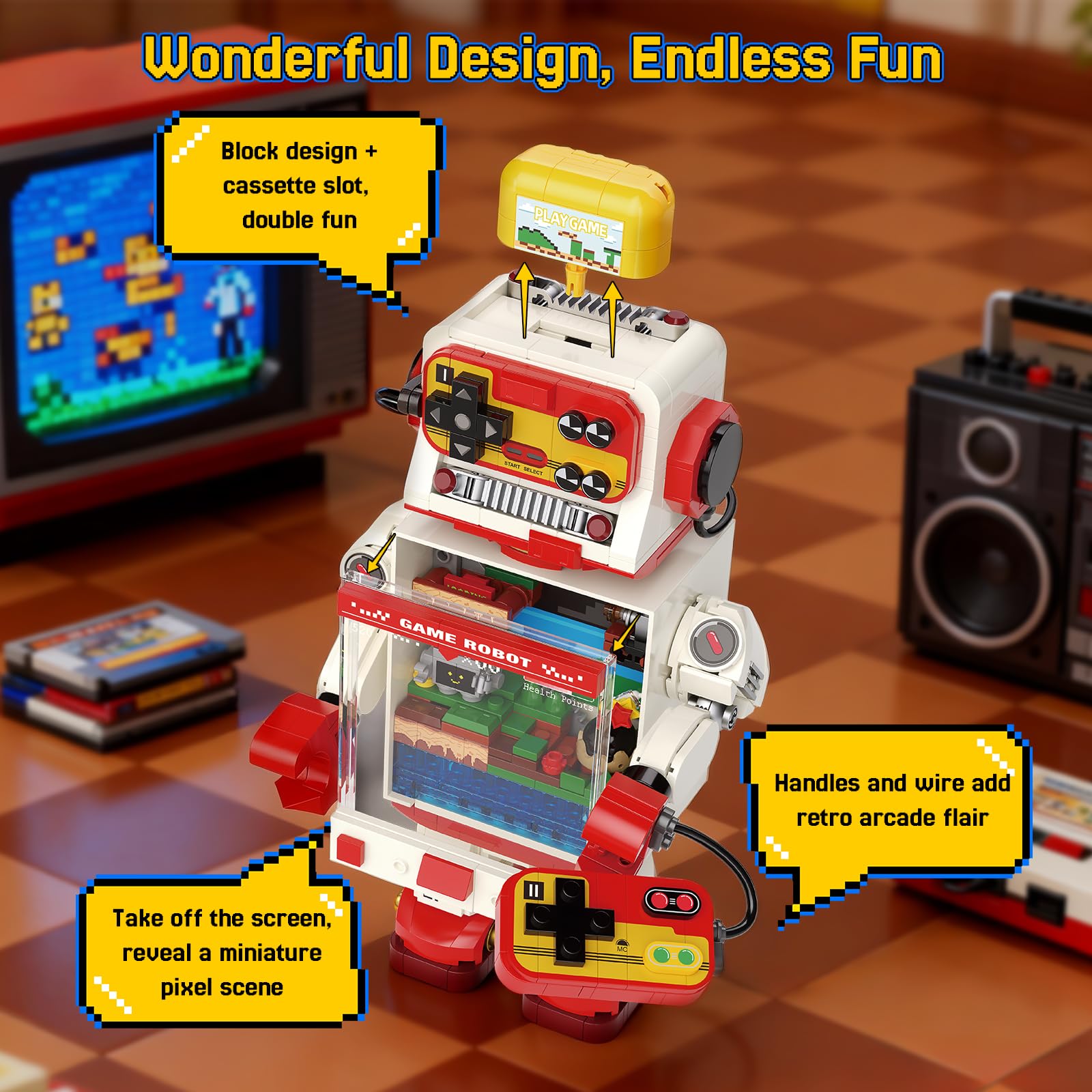 Fantastica idea gioco robot Building Block, giocattoli da costruzione retrò per console di gioco, collezione in stile pixel e display kit modello fai da te, regali creativi per adulti e