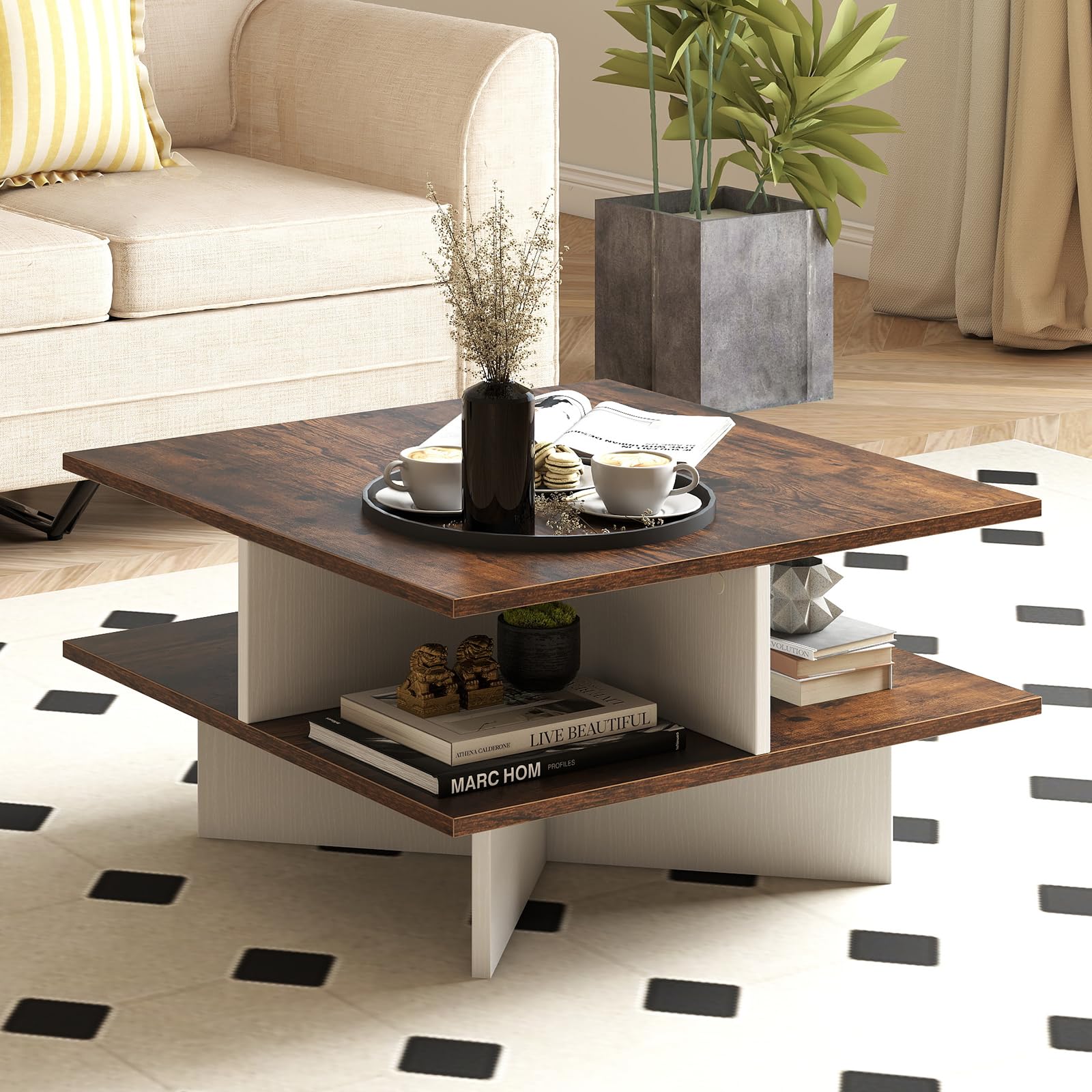 GOFLAME Farmhouse Coffee Table with Storage 2-Tier Square Center Table with 4 Storage Compartments X-Shape Base Modern Wood