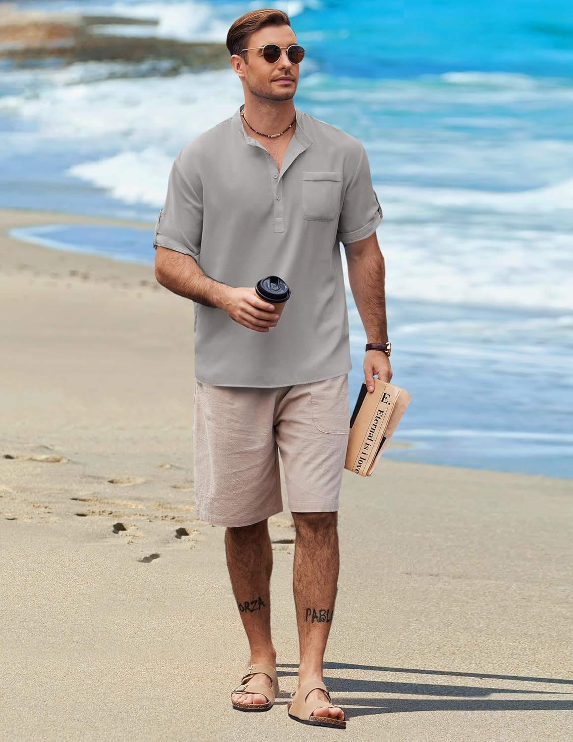 COOFANDY Henley Shirts for Men Short Sleeve Band Collar Casual Shirt Summer Hippie Vacation Beach T Shirts with Pocket - Image 4