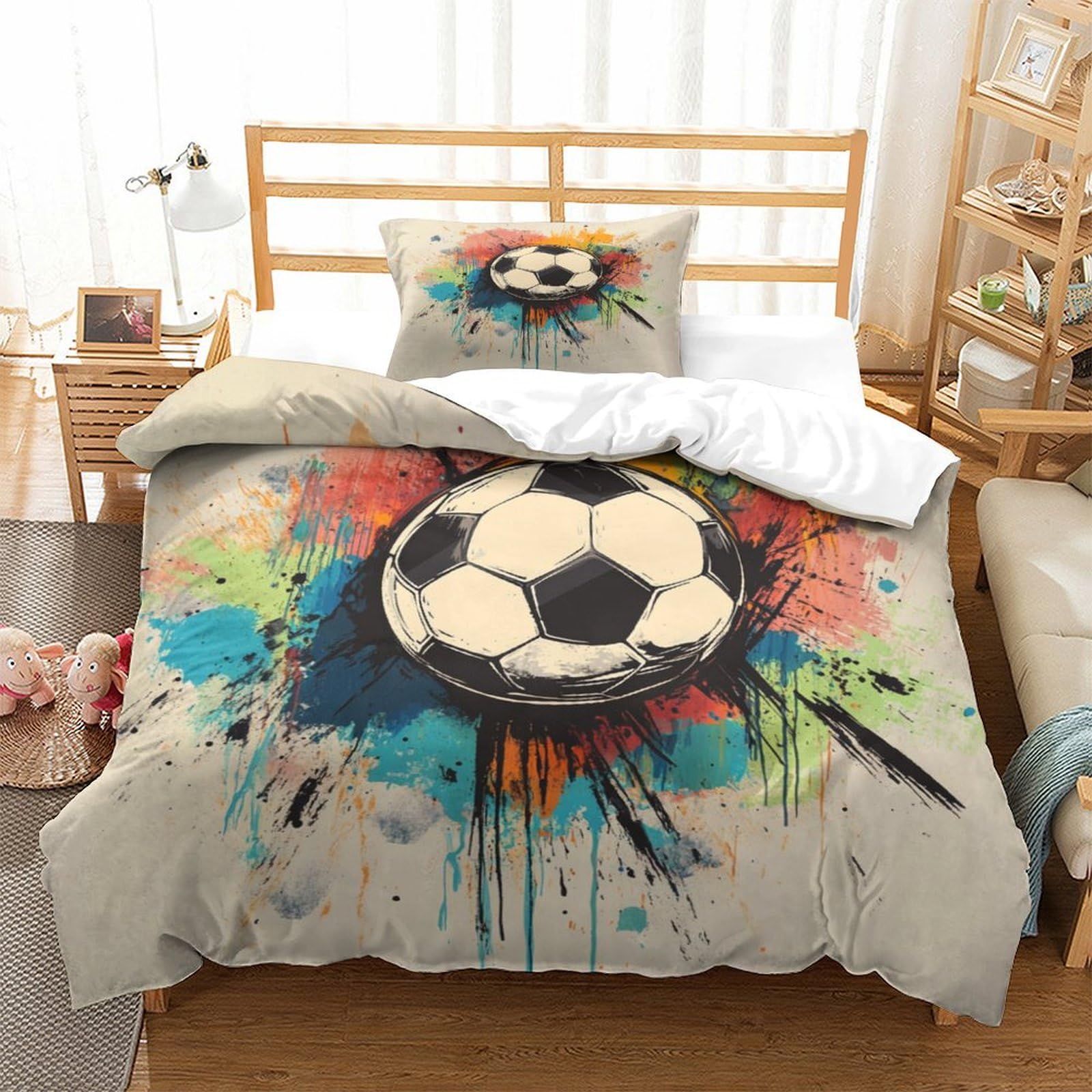 P1s9u7w5y Football-2 Vibrant Splash 3D Printed Football Duvet Cover Set 3Pcs Microfiber Sports Bedding Set Single（135X200cm）
