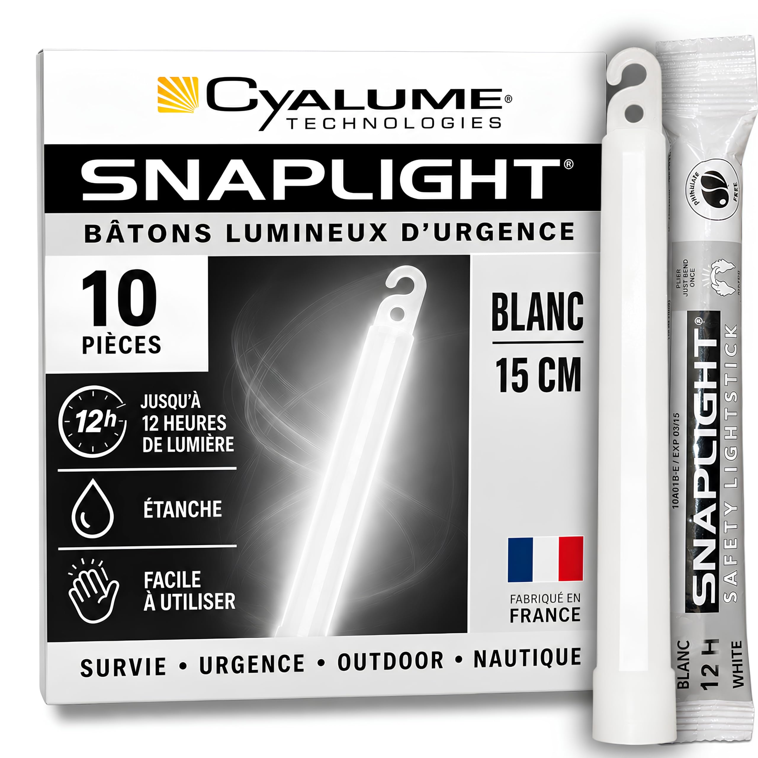 Cyalume Technologies SA8-108098AM Bâton Lumineux, Fluorescent, Durée 8 heures, 15 cm, Blanc (Boîte de 10) | Qualité Militaire, Reach, Made in France, Survie Outdoor Nautique, Ni pile ni batterie, Sans toxiques, Eclairage Urgence