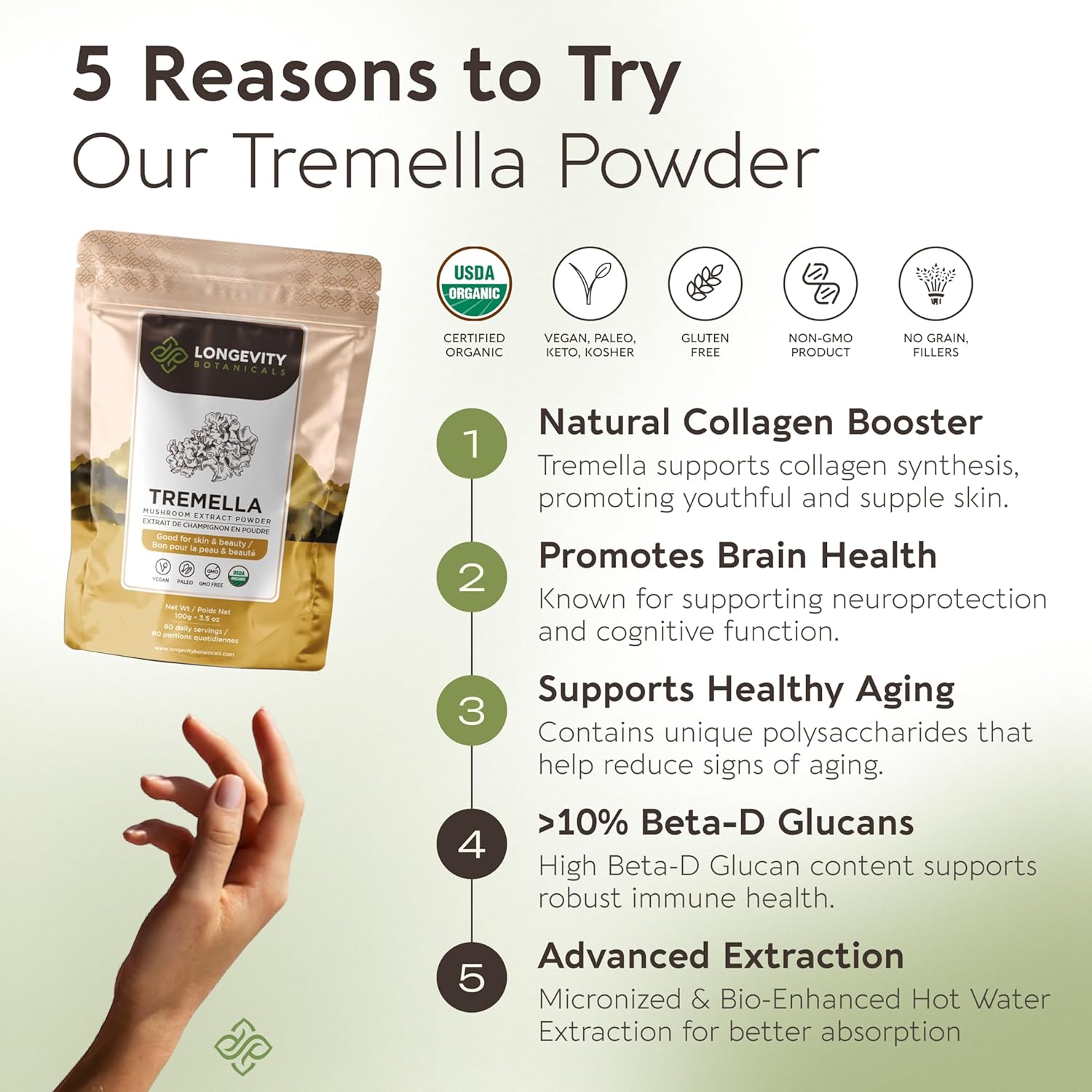 Organic Tremella Mushroom Powder Supplement 100g | Pure Fruiting Body 10:1 High Strength Snow Fungus Extract | 10% Beta-D Glucans | 16,600mg Raw Equivalent Per Serving | Skin Hydration & Brain Support - Image 2