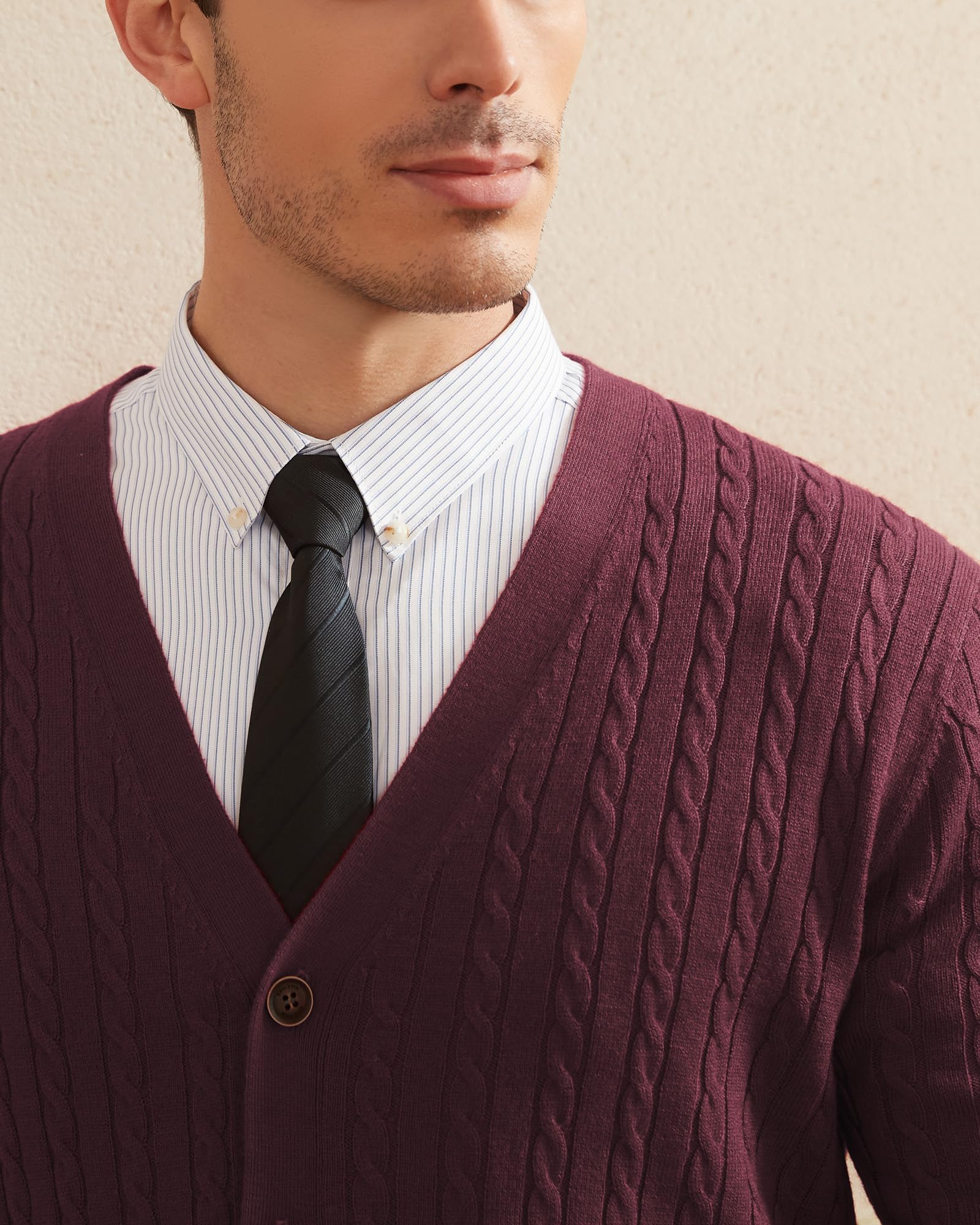 Kallspin Maglione da Uomo in Misto Lana con Maglia a Cavi e Scollo a V