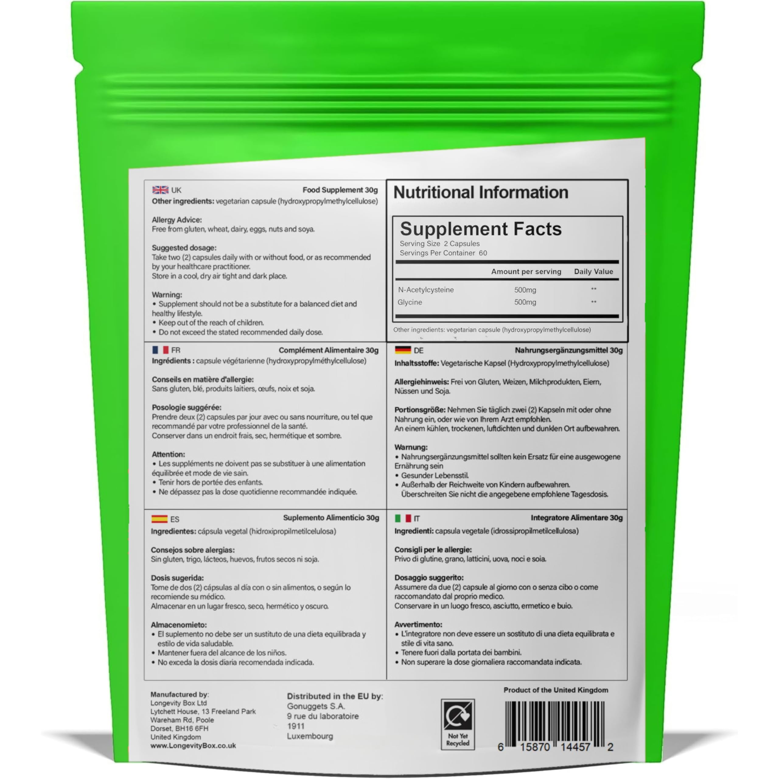GlyNAC 1000 mg – 500 mg Glycin + 500 mg NAC – 120 vegane Kapseln für Glutathion, Energie & gesundes Altern