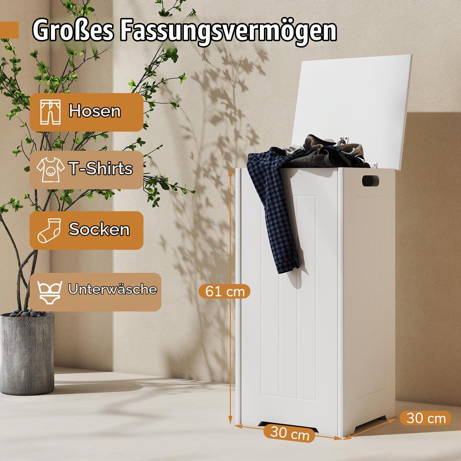 GIANETX 34 L Wäscheschrank Holz, Wäschetruhe mit Deckel & Griff, Wäschesammler mit Oberseite zur Aufbewahrung, Wäschesortierer für Badezimmer Wäscheraum Wohnzimmer Schlafzimmer (mit Wäschesack)