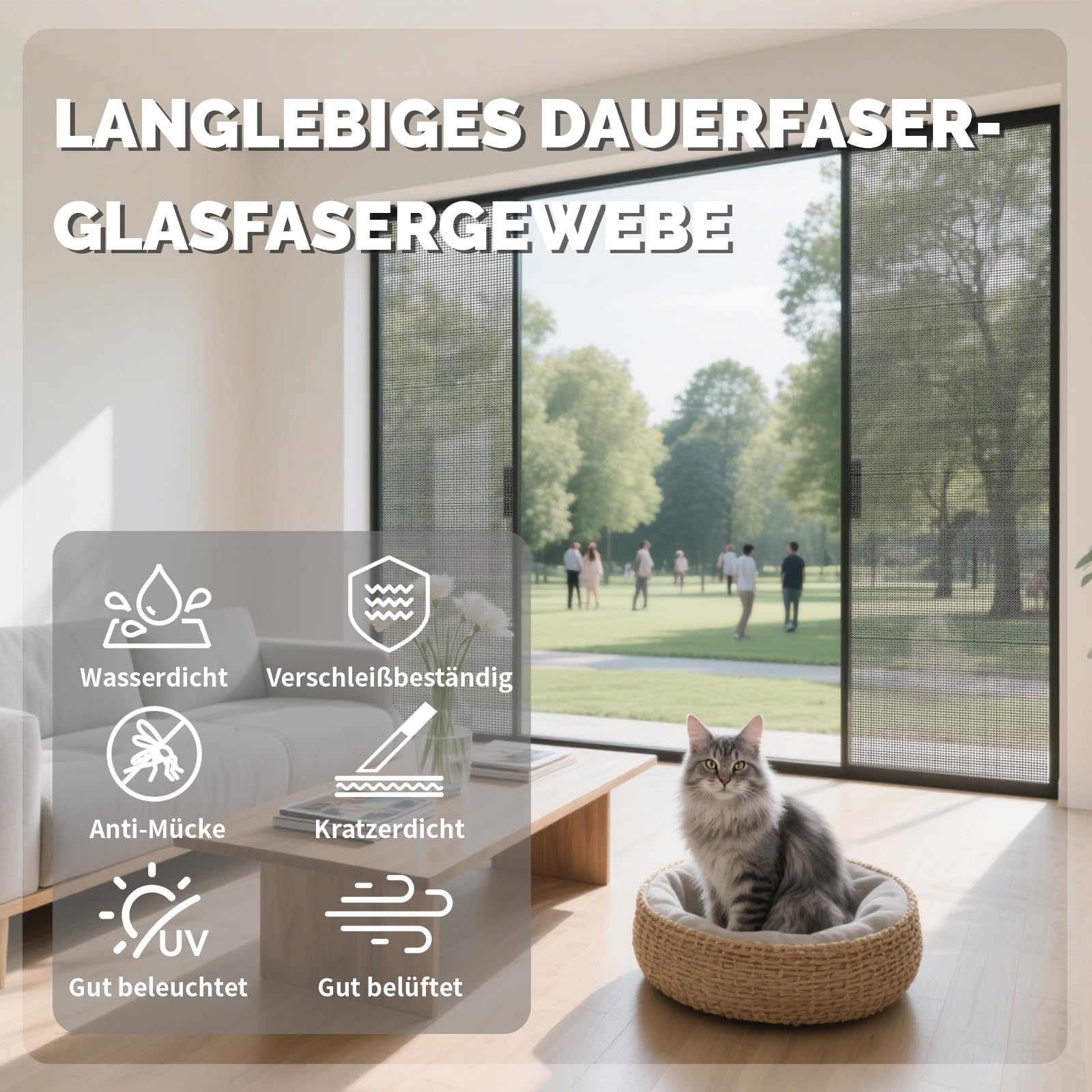 Fliegengitter für Fenster(300 x 120cm - Schwarz), Schneidbar, Reißfest, Fliegengitter Reparatur Set, Insektenschutz für Fenster mit Kederband/Doppelrad Seinroller/Kleines Messer/Haken/Maßstab