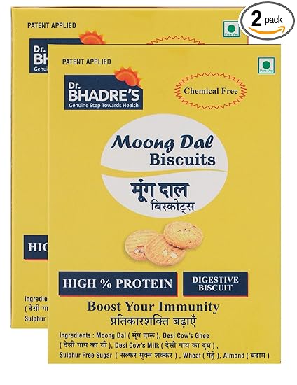 Dr. BHADRE'S Digestive Biscuits Moong Dal Biscuits Combo Biskuits 400 gm {Pack of 2 ,200 gm x 2 }Chemical Free Whole Wheat Digestive Biscuits With Mix of Almond Desi Cow Ghee Milk | No maida No Preservative