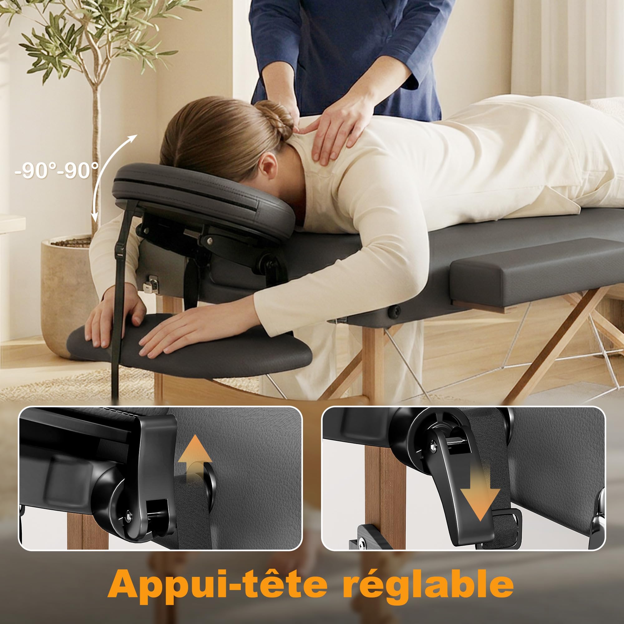 HOMCOM Table de Massage Pliante, lit de Massage 3 Zones Portable 185 x 60 cm, Hauteur et Dossier réglables, Appui-tête, accoudoirs, Repose-Bras, Table esthétique Tatouage en Bois de hêtre, Gris
