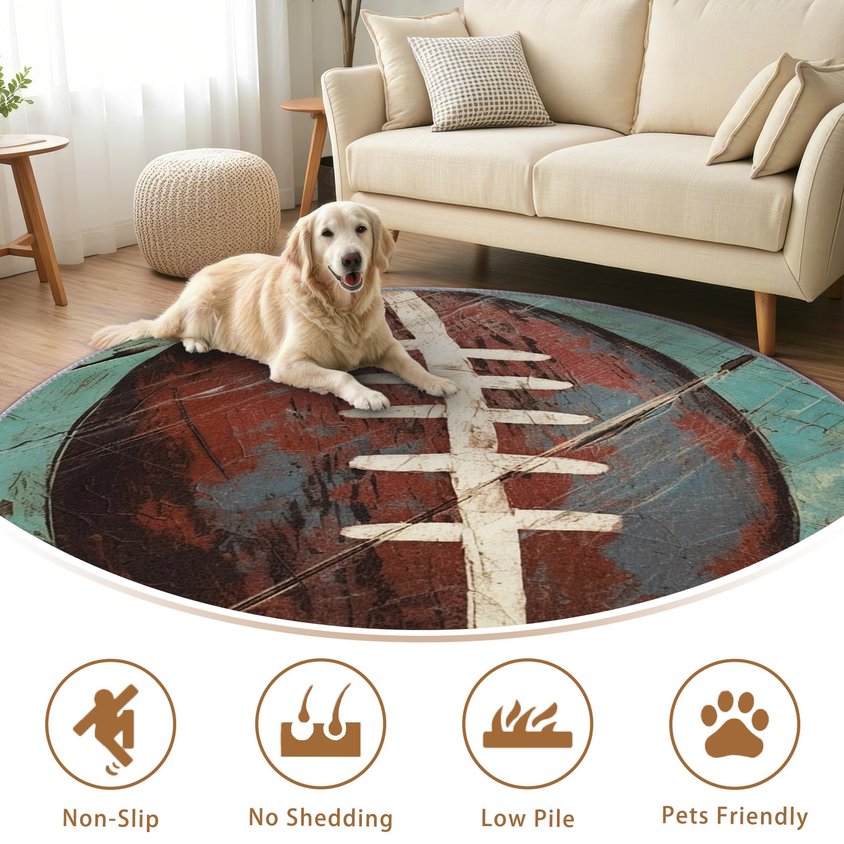 American Football Teppich Rund 120cm Kurzflor - Waschbare Teppiche Wohnzimmer Rugby Sportmotiv Jungen - Runder Teppich 120 Durchmesser Kinderzimmer - Bettvorleger Schlafzimmer Rutschfest Weich