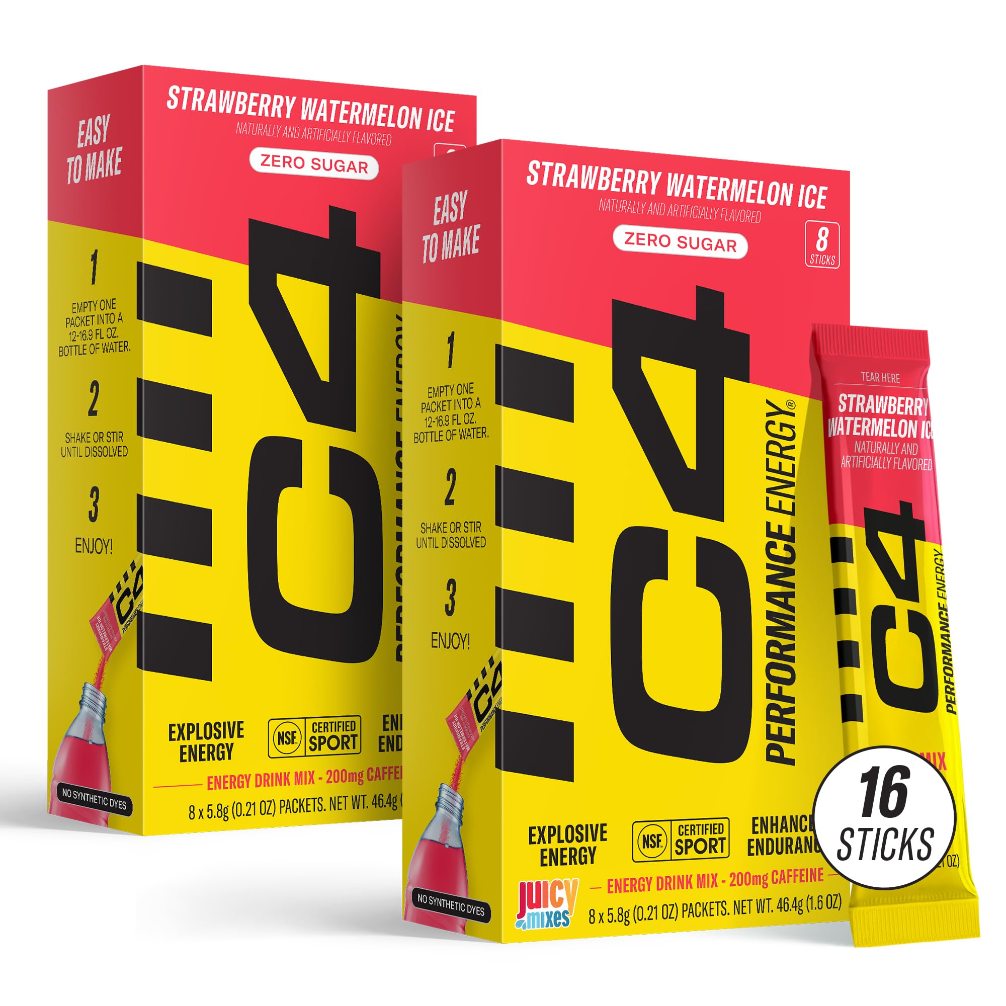 C4 Performance Energy, Strawberry Watermelon Ice Drink Mix, 200mg Caffeine, Zero Sugar, NSF (2 Boxes, 16 Sticks)