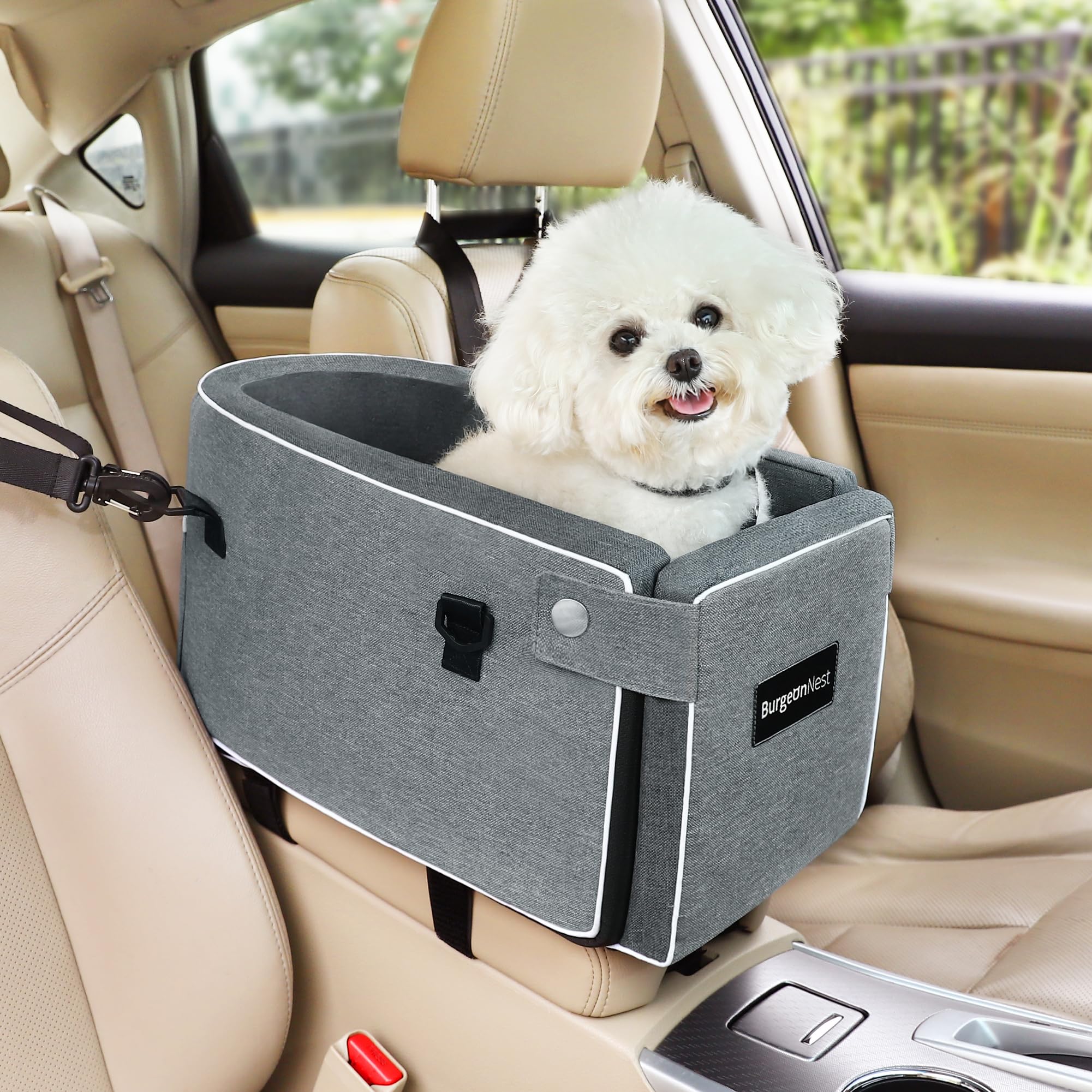 BurgeonNest Dog Car Seat for Small Dog, Center Console Dog Booster Seat with Side Pack, Upgraded