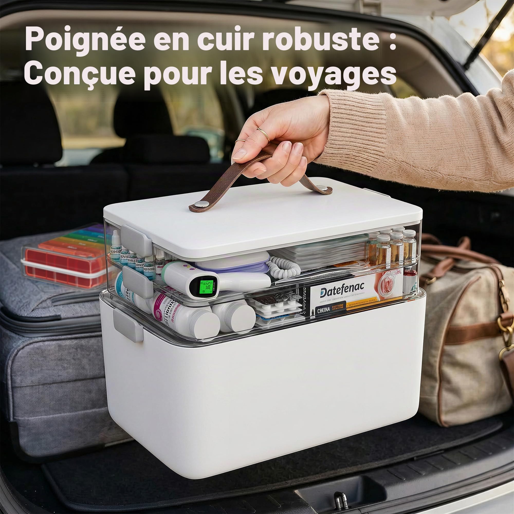 CTIME Boîte à pharmacie à 3 étages - Portable avec anse en cuir, idéale pour la maison et les voyages