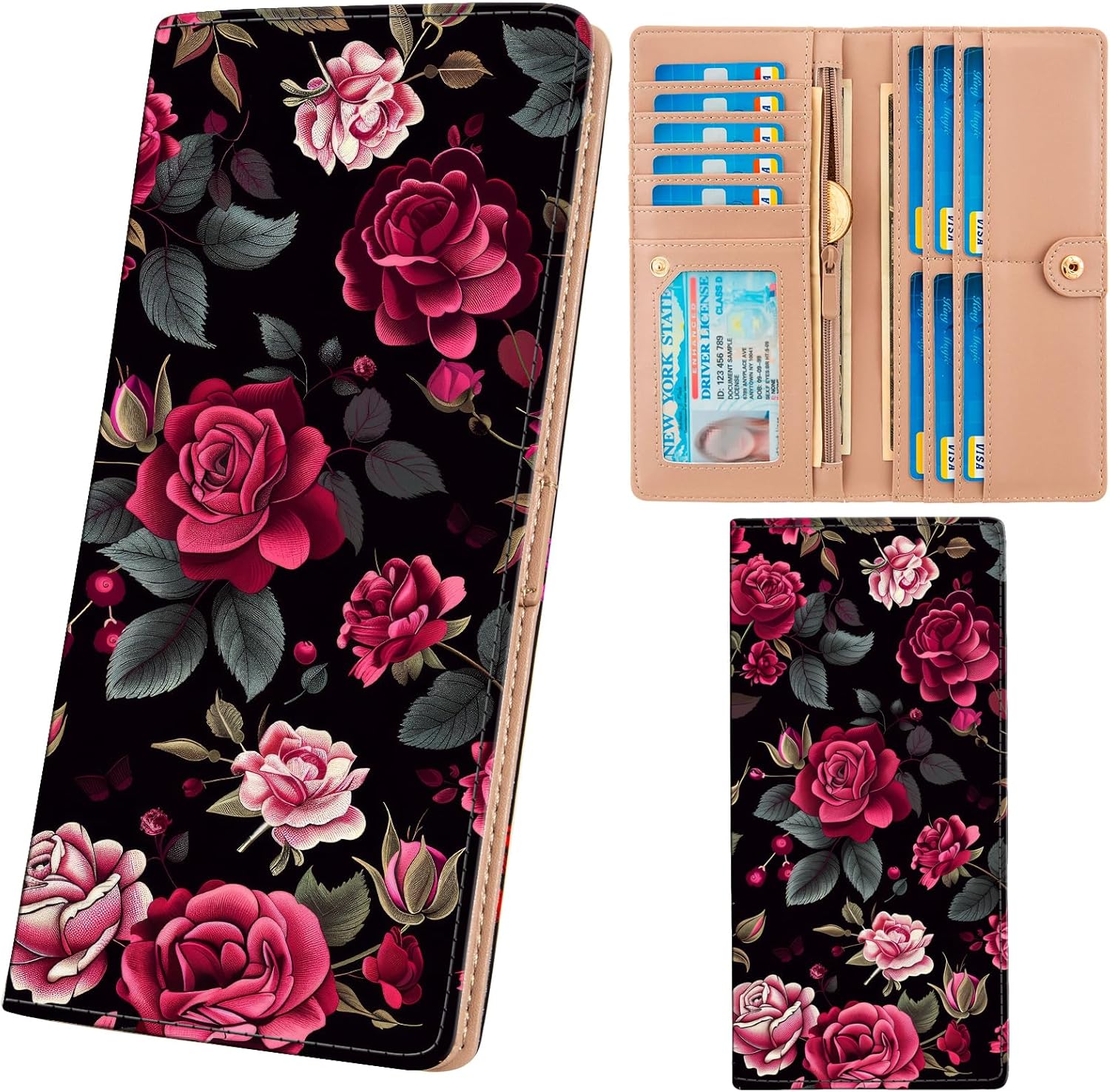 Wallets for Women RFID Wallet Cute Girls Ultra Slim Compact Clutch Long Credit Card Holder Floral Travel Wallet personalized Coin Pocket (Rose) - Image 6