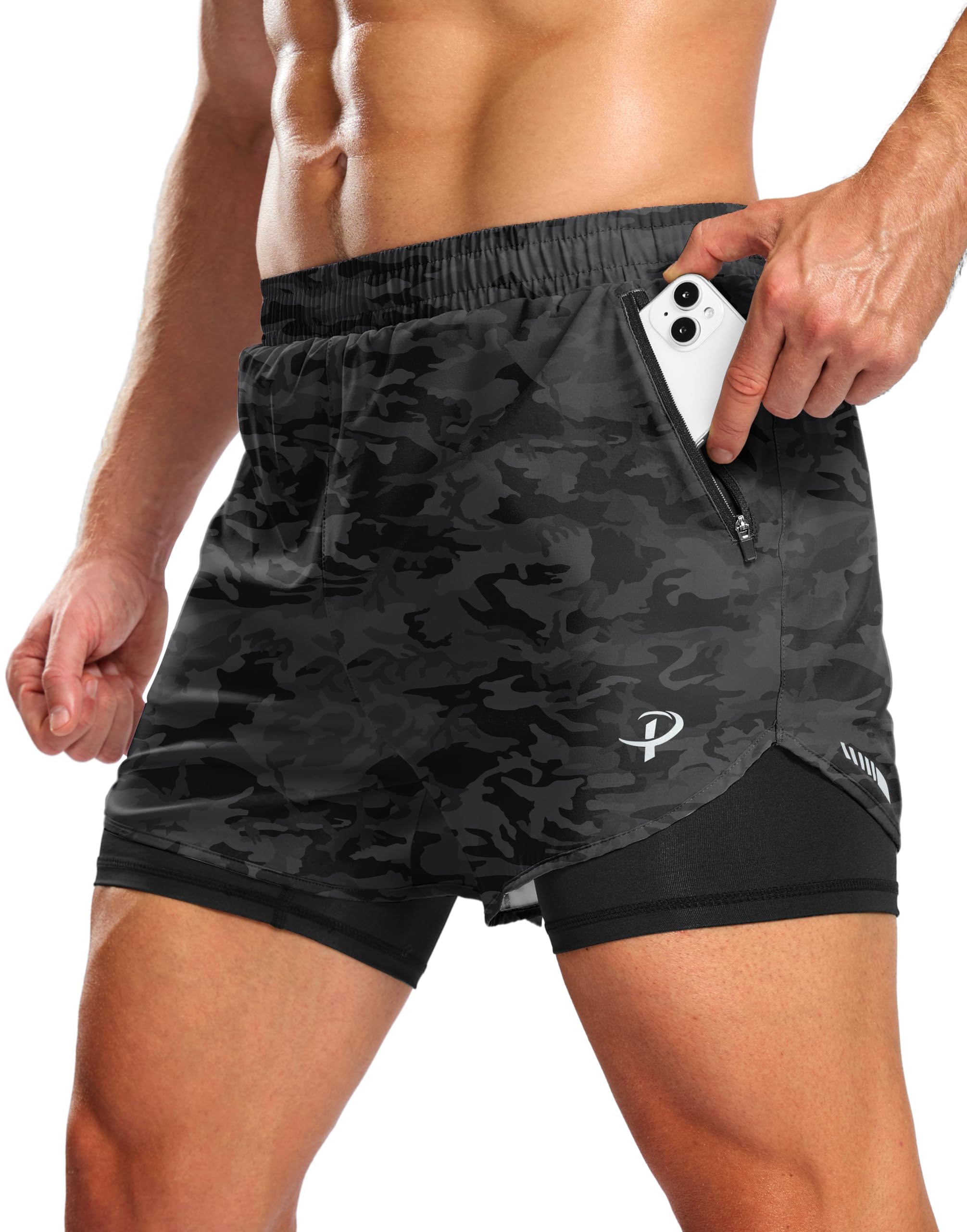 Pudolla Men's Lightweight 2 in 1 Running Shorts 5" Zipper Pockets Quick Dry Gym Workout Athletic Shorts Compression Liner