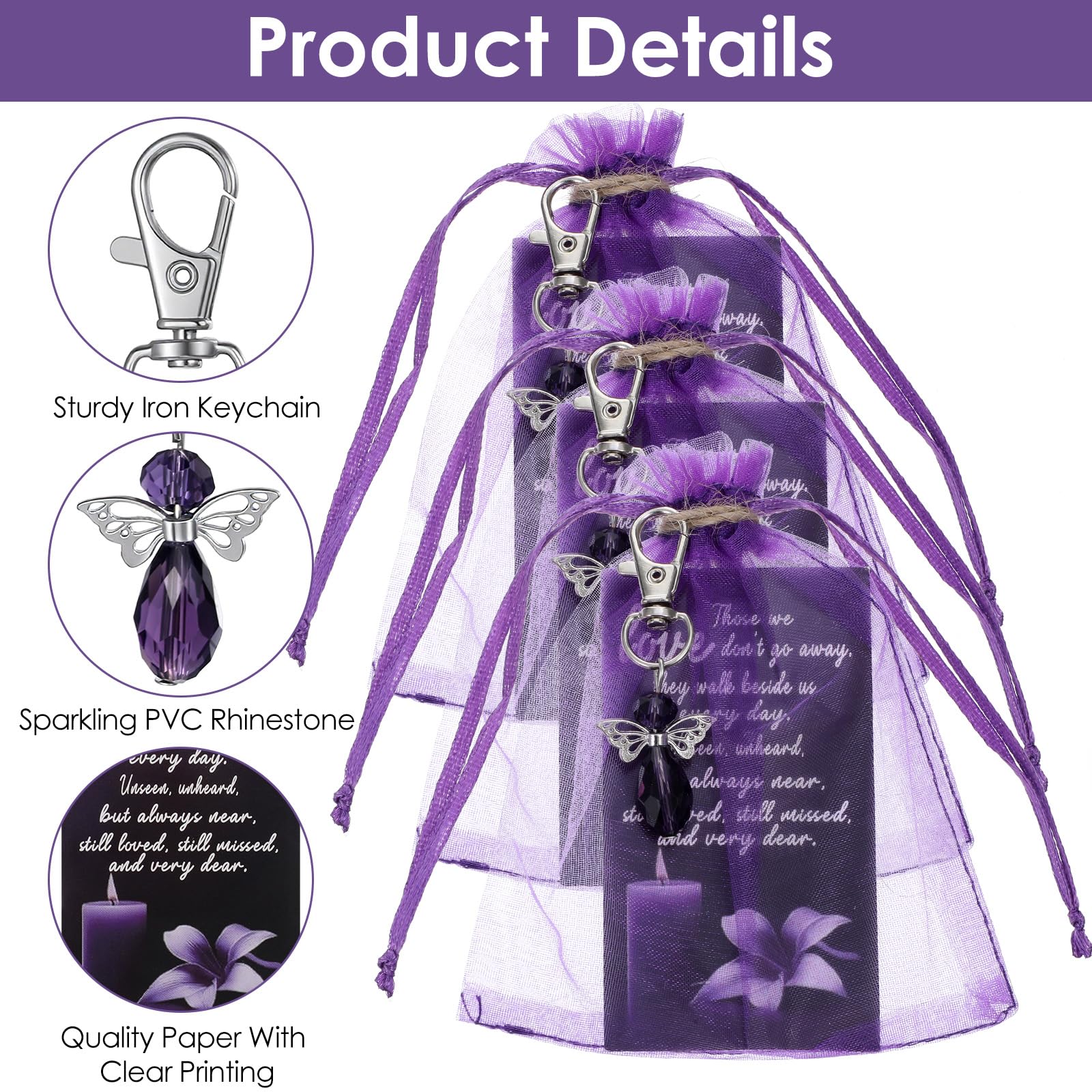 Set di 60 bomboniere funerarie, portachiavi viola con strass con biglietti di ringraziamento e sacchetti in organza da 10 x 10 cm, regali per ospiti, simpatia e ringraziamento