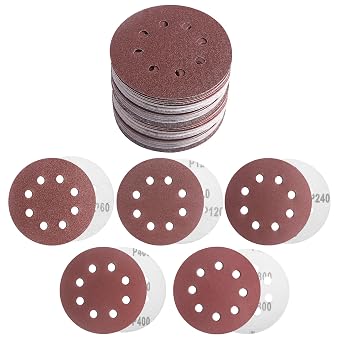 5 Inch 8 Hole Sanding Discs Hook and Loop, 50 PCS Orbital Sander Pads with Adhesive, Dustless Round Sand Paper Disc for Random Orbital Sander, 60, 120, 240, 400, 800 Grit