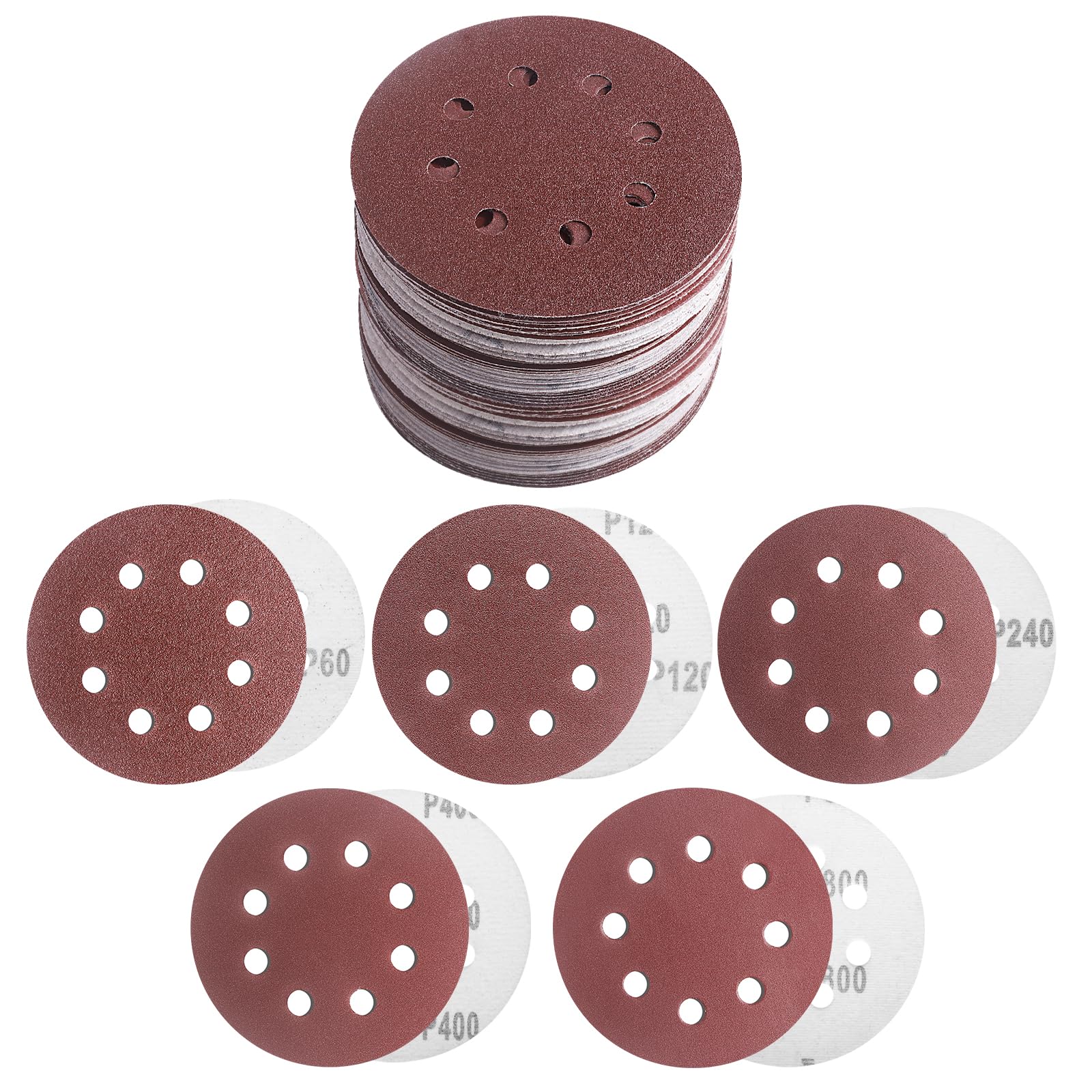 5 Inch 8 Hole Sanding Discs Hook and Loop, 50 PCS Orbital Sander Pads with Adhesive, Dustless Round Sand Paper Disc for Random Orbital Sander, 60, 120